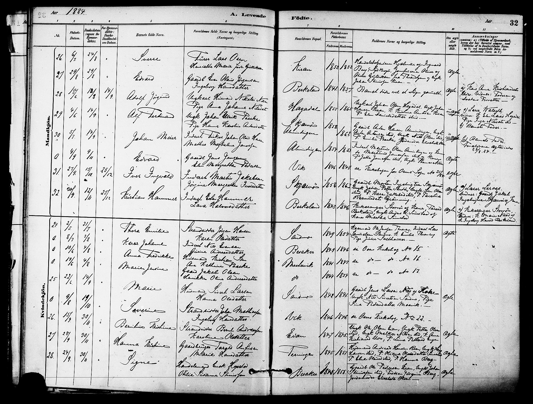 Ministerialprotokoller, klokkerbøker og fødselsregistre - Sør-Trøndelag, AV/SAT-A-1456/657/L0707: Parish register (official) no. 657A08, 1879-1893, p. 32