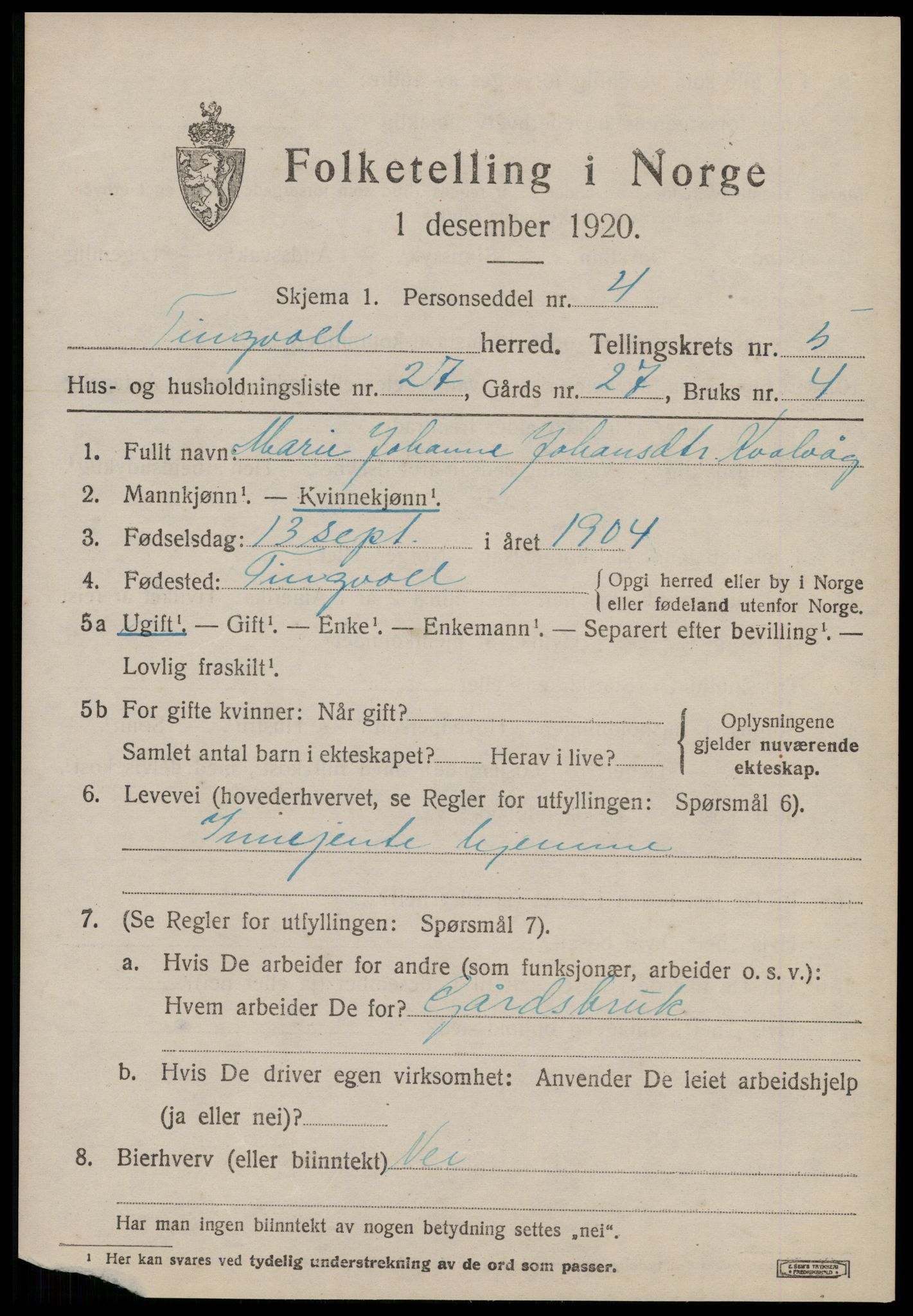 SAT, 1920 census for Tingvoll, 1920, p. 2534