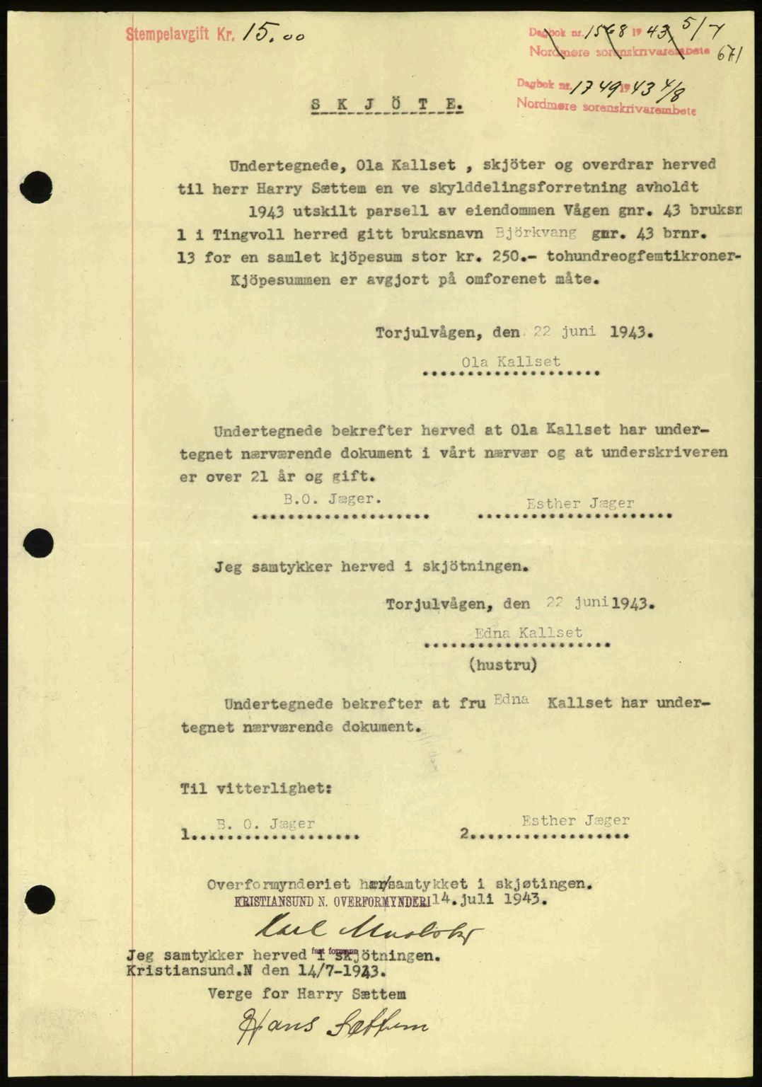 Nordmøre sorenskriveri, AV/SAT-A-4132/1/2/2Ca: Mortgage book no. A95, 1943-1943, Diary no: : 1749/1943