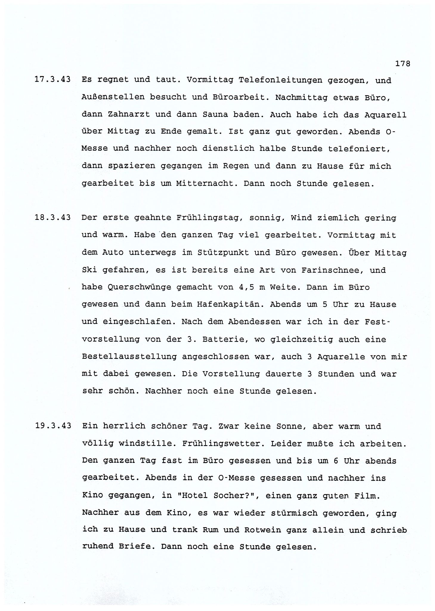 Dagbokopptegnelser av en tysk marineoffiser stasjonert i Norge , FMFB/A-1160/F/L0001: Dagbokopptegnelser av en tysk marineoffiser stasjonert i Norge, 1941-1944, p. 178