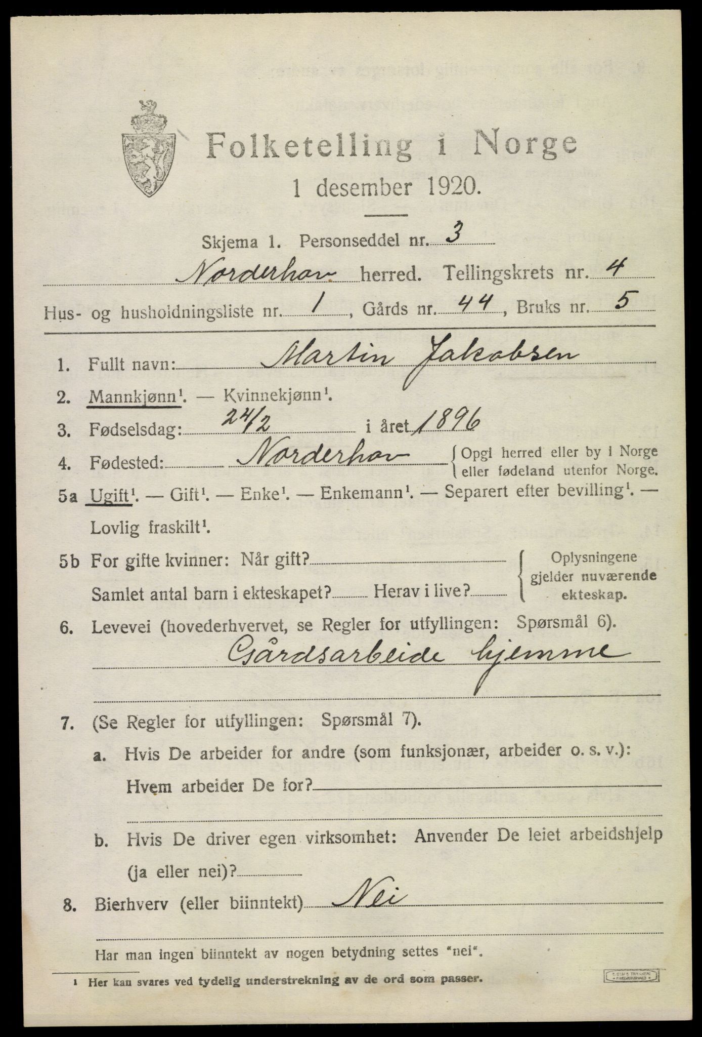 SAKO, 1920 census for Norderhov, 1920, p. 6207