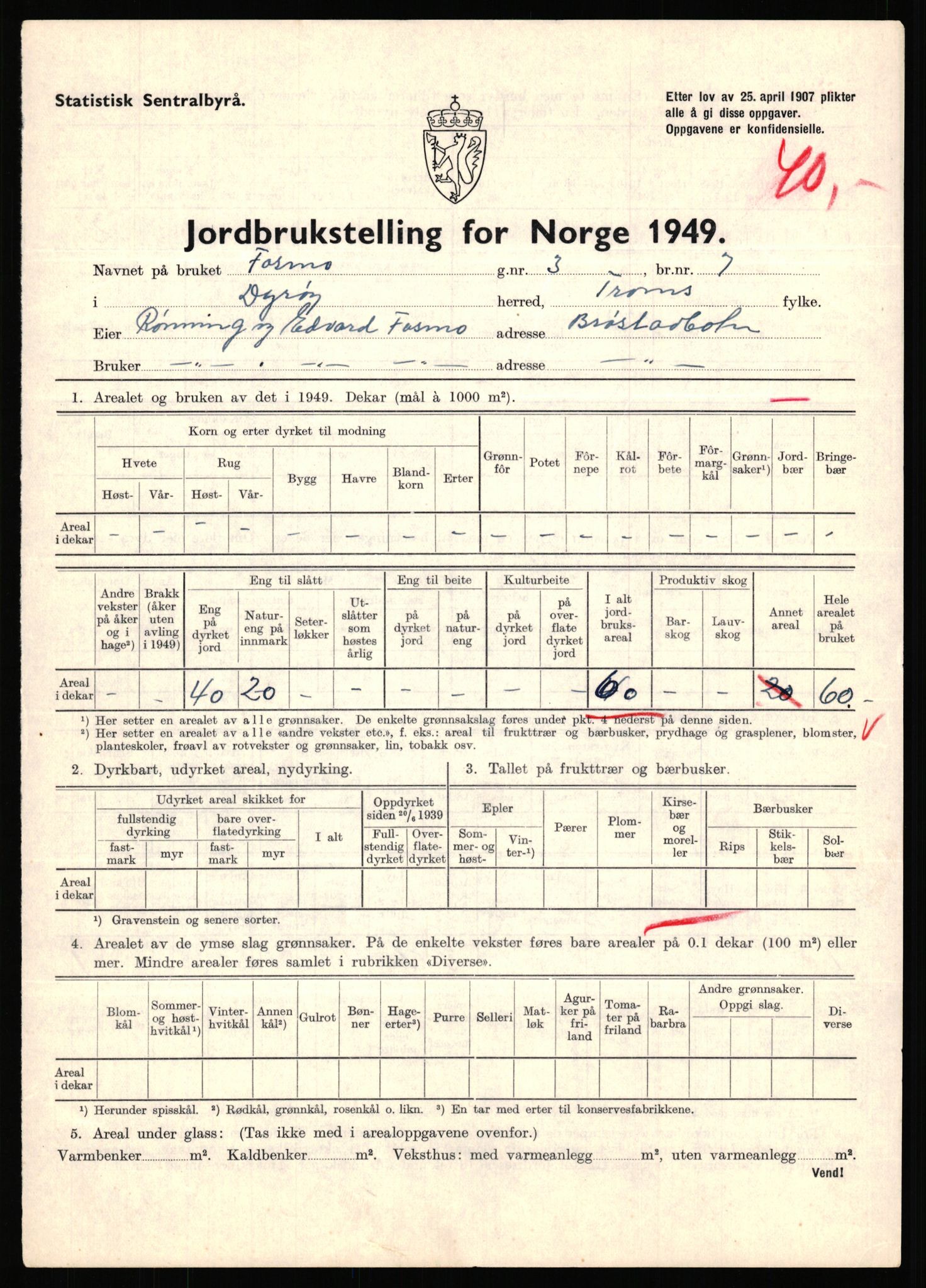 Statistisk sentralbyrå, Næringsøkonomiske emner, Jordbruk, skogbruk, jakt, fiske og fangst, AV/RA-S-2234/G/Gc/L0440: Troms: Sørreisa og Dyrøy, 1949, p. 1612