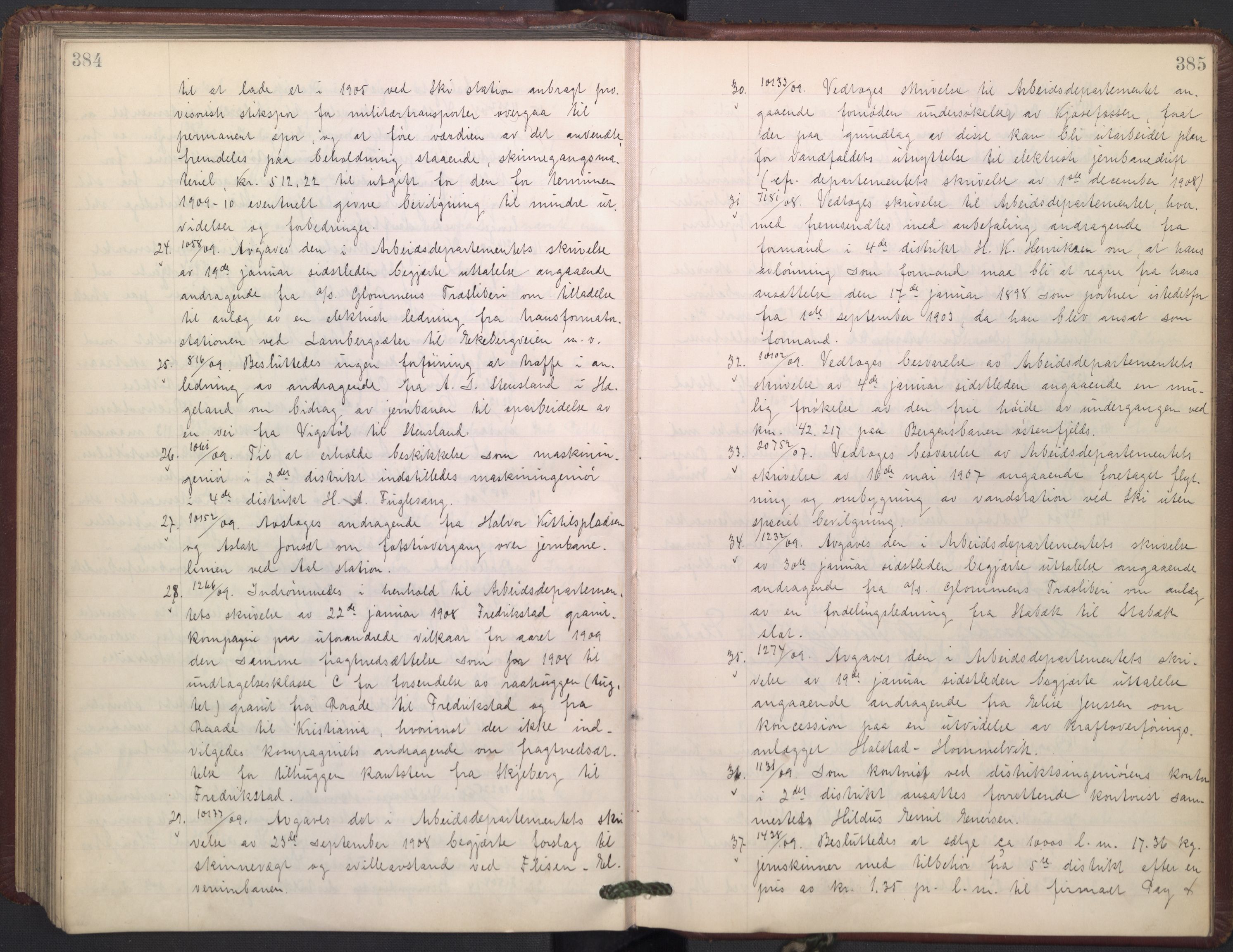 Norges statsbaner, Administrasjons- økonomi- og personalavdelingen, AV/RA-S-3412/A/Aa/L0009: Forhandlingsprotokoll, 1907-1909, p. 384-385