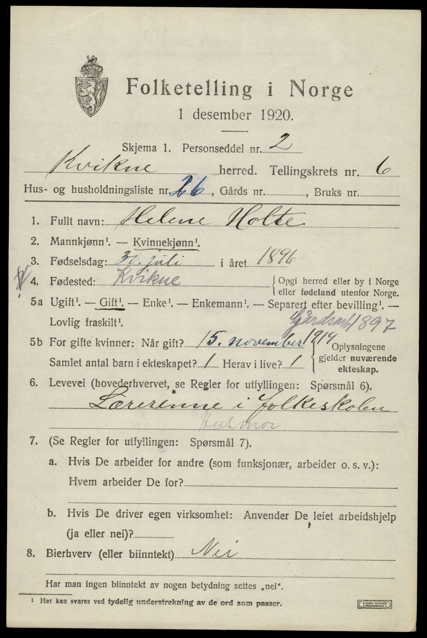 SAH, 1920 census for Kvikne, 1920, p. 2798