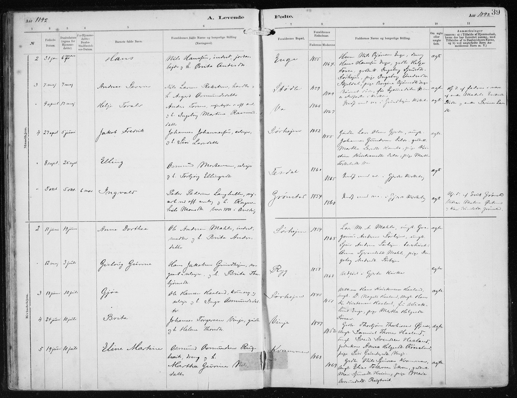 Etne sokneprestembete, SAB/A-75001/H/Haa: Parish register (official) no. B  1, 1879-1919, p. 39