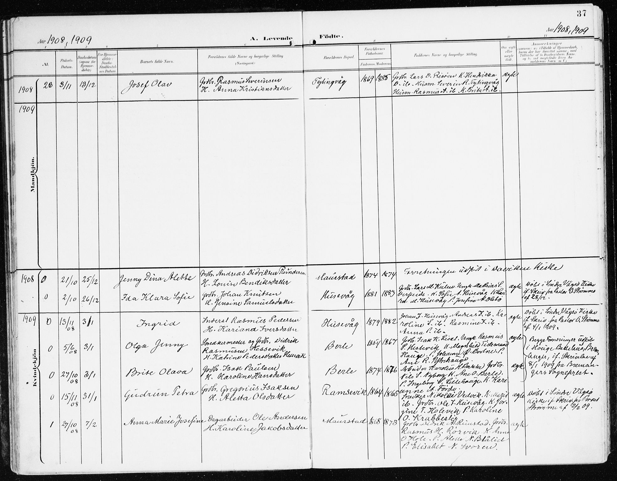 Davik sokneprestembete, SAB/A-79701/H/Haa/Haad/L0002: Parish register (official) no. D 2, 1901-1930, p. 37