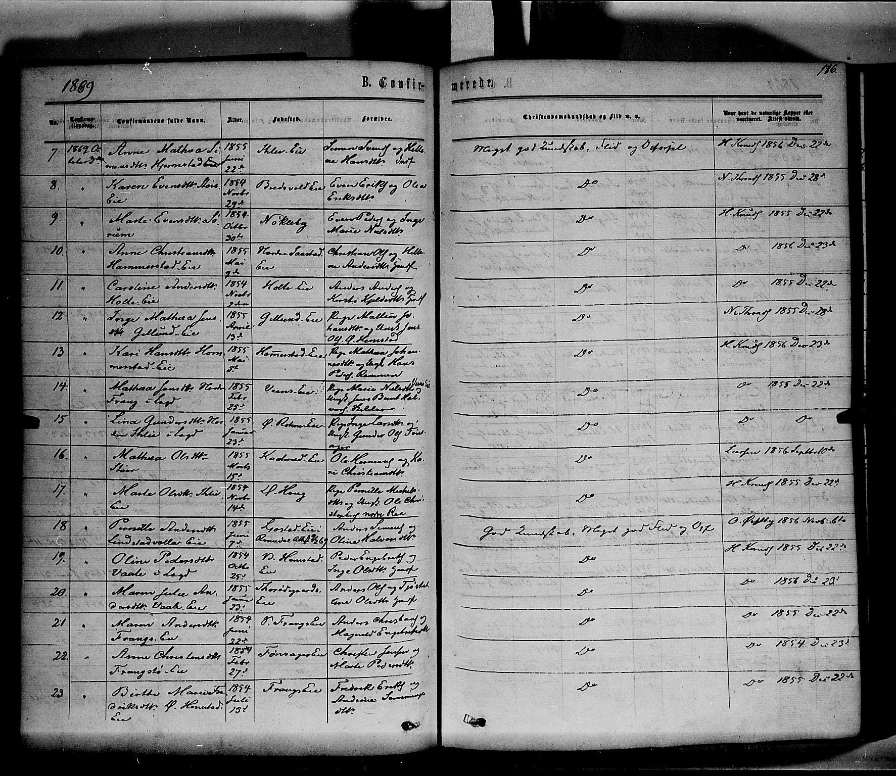 Stange prestekontor, SAH/PREST-002/K/L0013: Parish register (official) no. 13, 1862-1879, p. 186