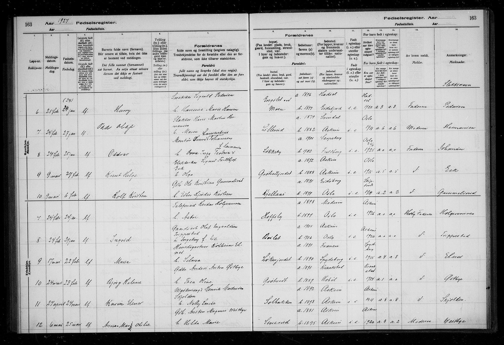 Askim prestekontor Kirkebøker, AV/SAO-A-10900/J/Ja/L0001: Birth register no. 1, 1916-1929, p. 163