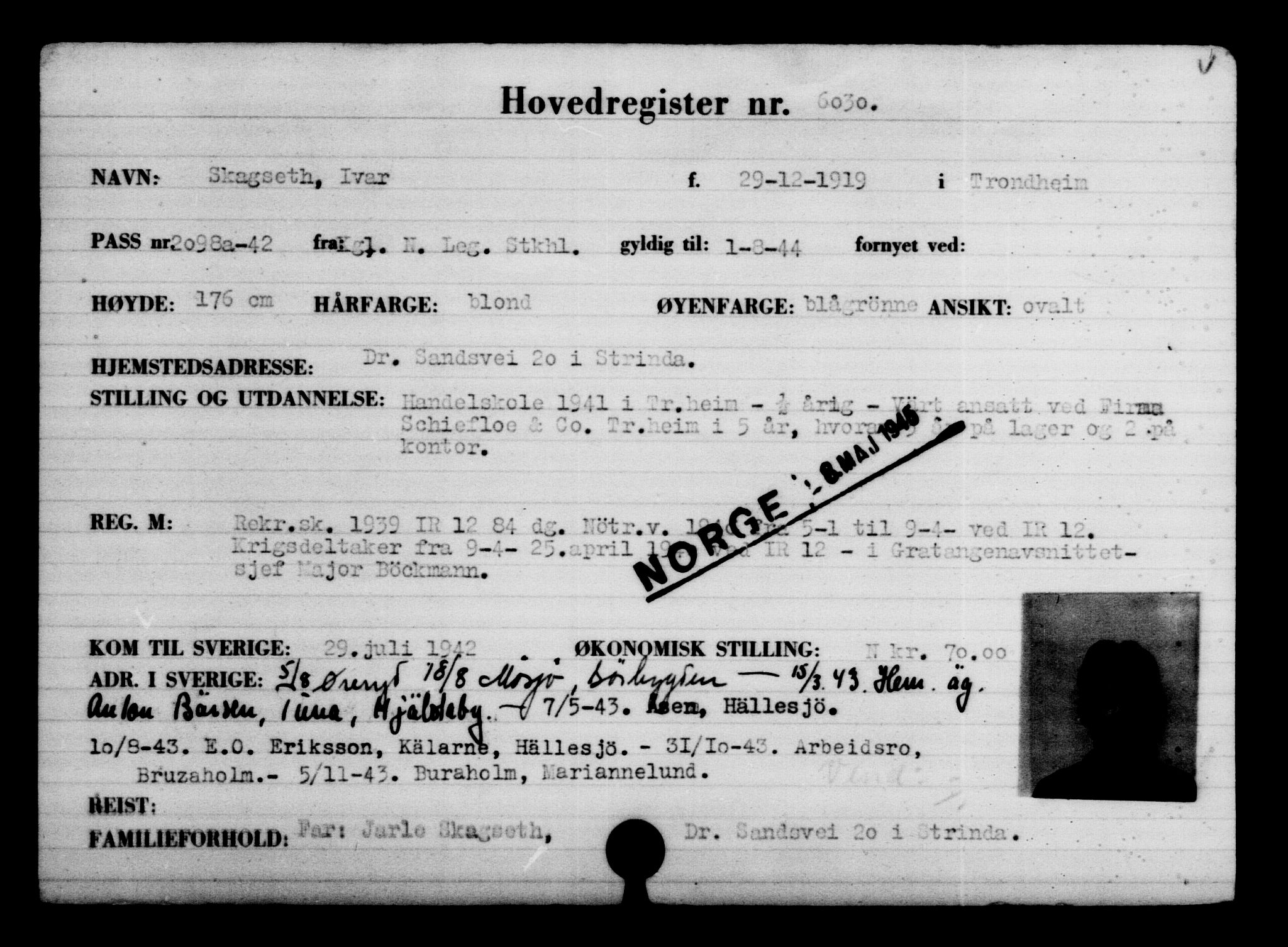 Utenriksstasjonene, Legasjonen i Stockholm, Flyktningkontoret, AV/RA-S-6753/V/Va/L0004: Kjesäterkartoteket, flyktninger med registreringsnr. 3496-6610, 1940-1945, p. 2964