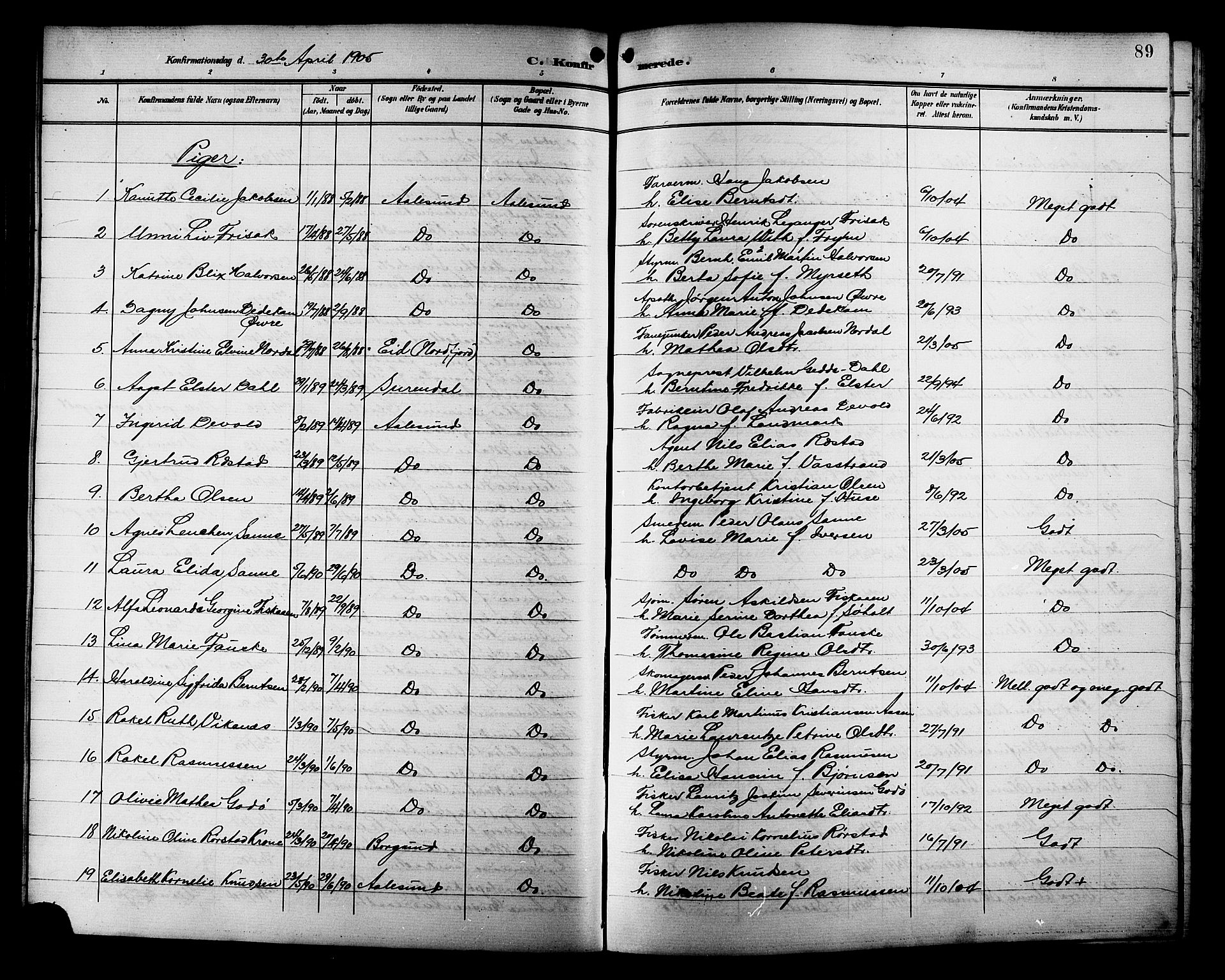 Ministerialprotokoller, klokkerbøker og fødselsregistre - Møre og Romsdal, AV/SAT-A-1454/529/L0469: Parish register (copy) no. 529C06, 1898-1906, p. 89