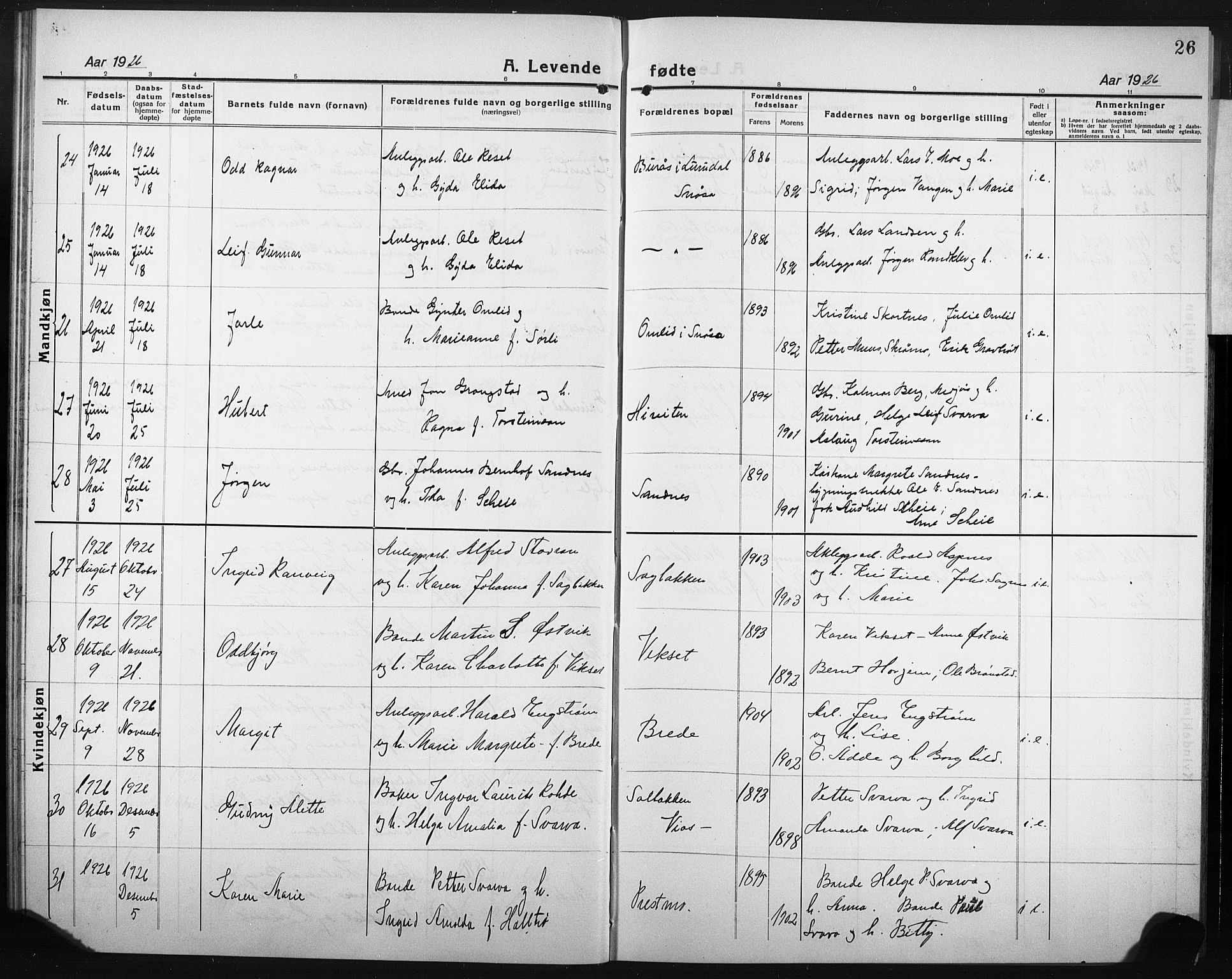 Ministerialprotokoller, klokkerbøker og fødselsregistre - Nord-Trøndelag, AV/SAT-A-1458/749/L0480: Parish register (copy) no. 749C02, 1924-1932, p. 26