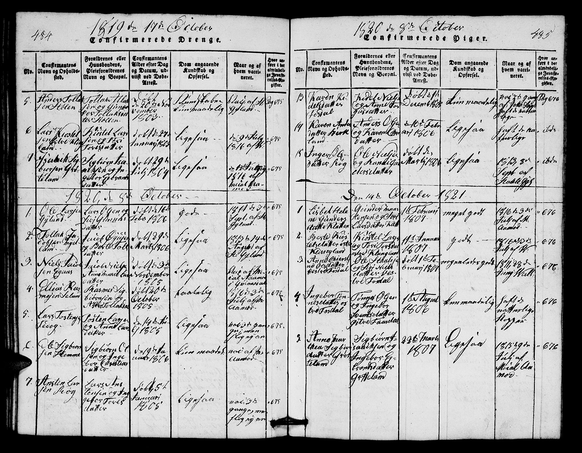 Bakke sokneprestkontor, SAK/1111-0002/F/Fb/Fbb/L0001: Parish register (copy) no. B 1, 1815-1835, p. 484-485