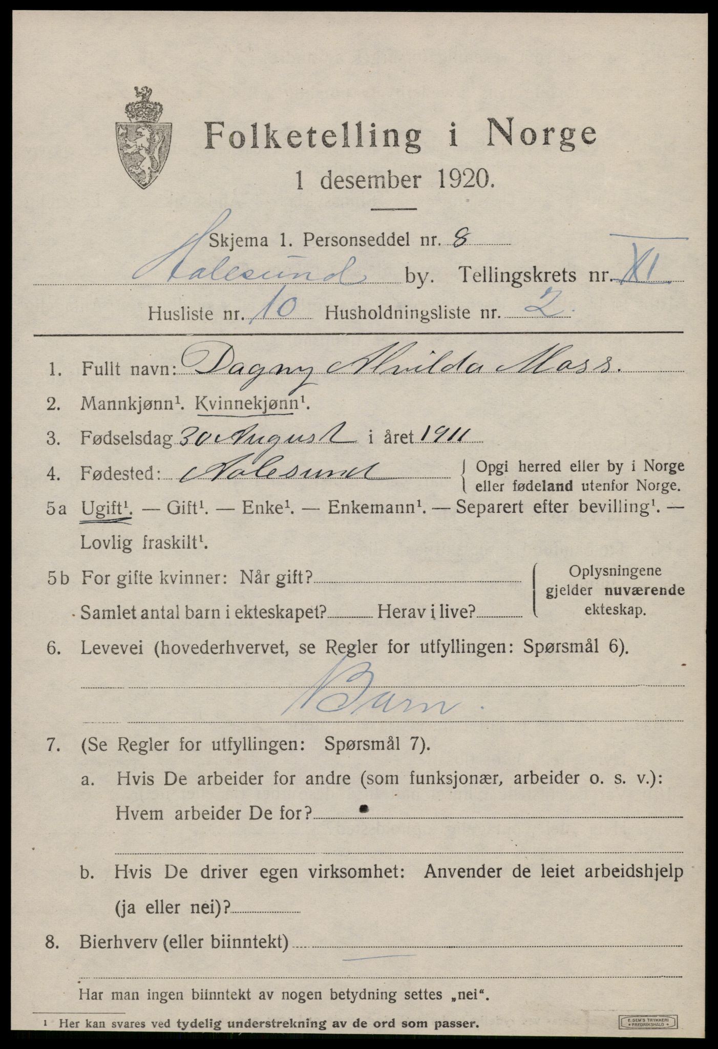 SAT, 1920 census for Ålesund, 1920, p. 24912