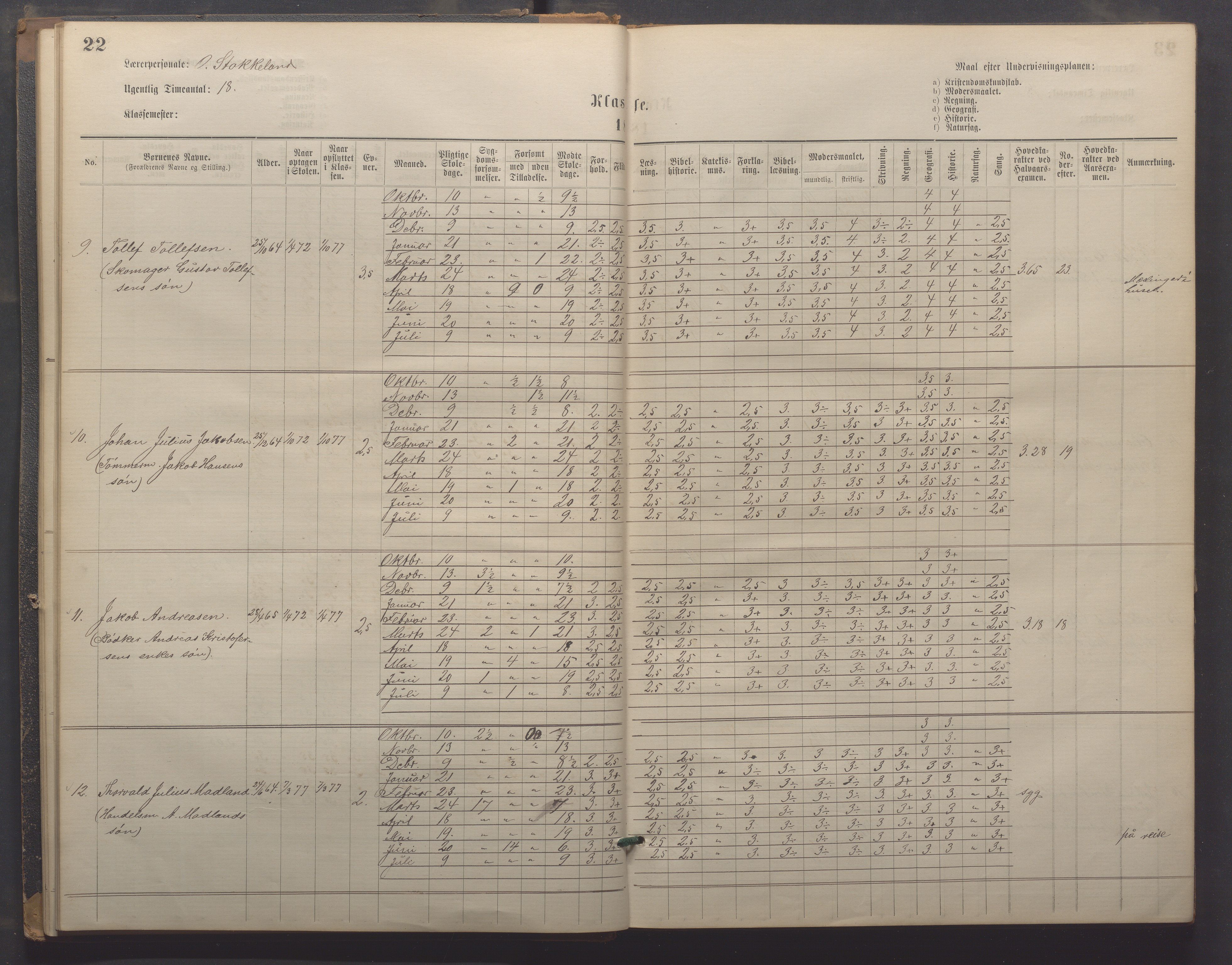 Egersund kommune (Ladested) - Egersund almueskole/folkeskole, IKAR/K-100521/H/L0021: Skoleprotokoll - Almueskolen, 7. klasse, 1878-1886, p. 22