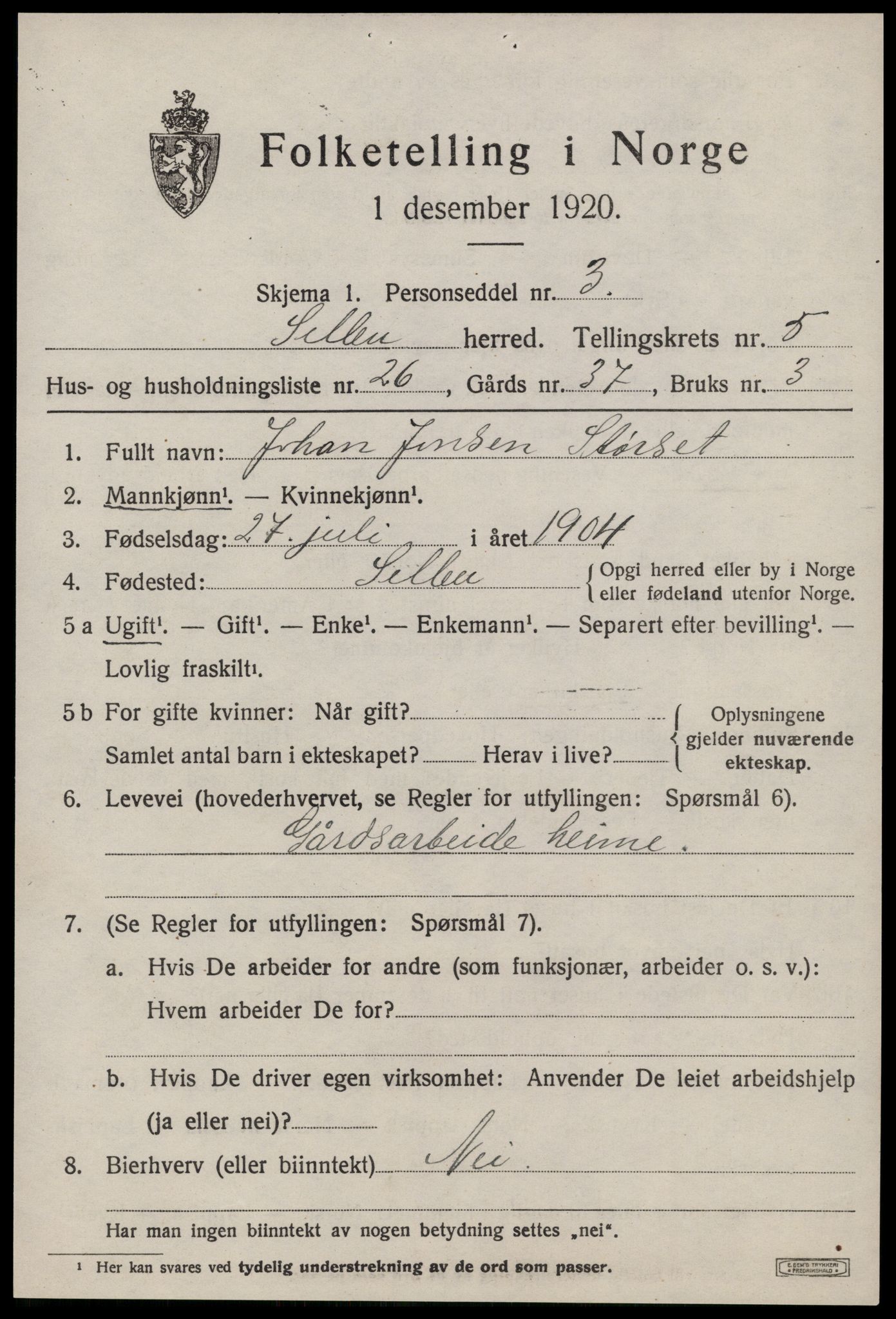 SAT, 1920 census for Selbu, 1920, p. 3476