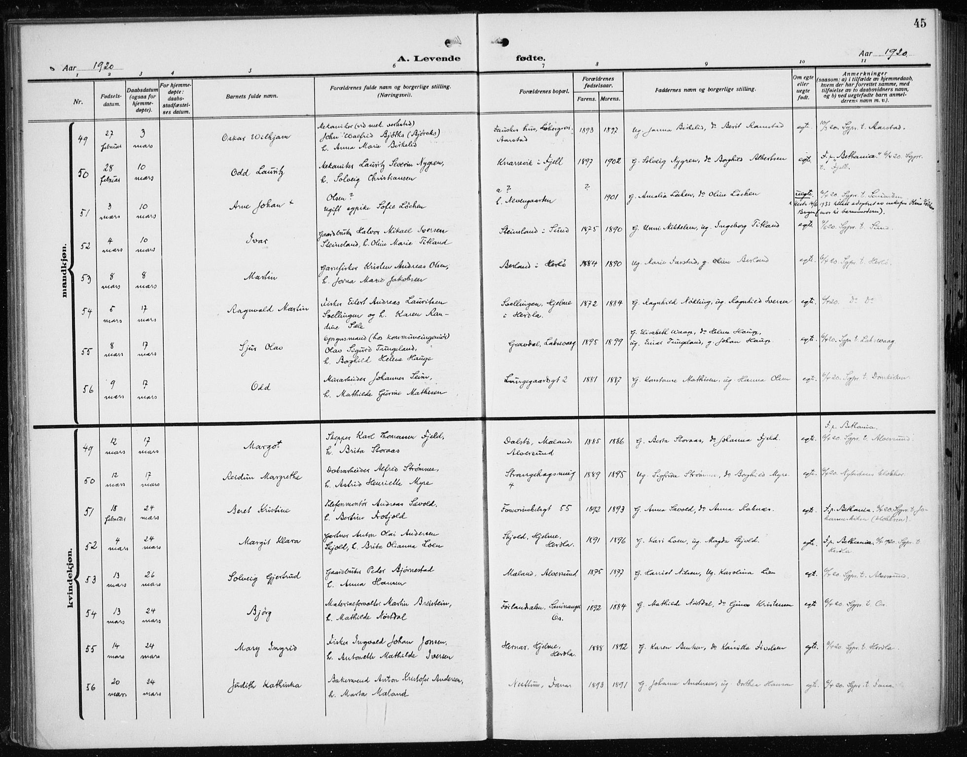 Fødselsstiftelsens sokneprestembete*, SAB/-: Parish register (official) no. A 5, 1918-1926, p. 45