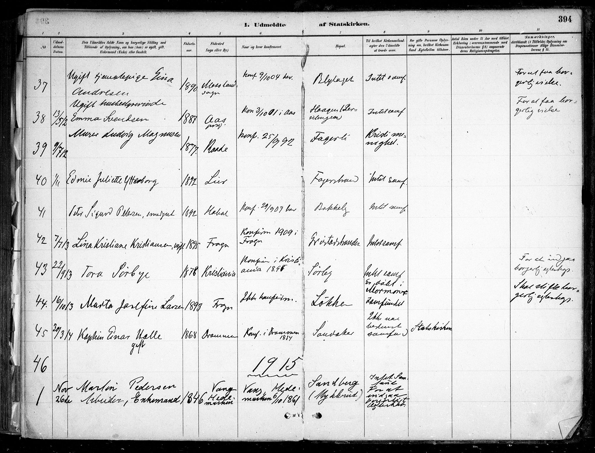 Nesodden prestekontor Kirkebøker, SAO/A-10013/F/Fa/L0009: Parish register (official) no. I 9, 1880-1915, p. 394