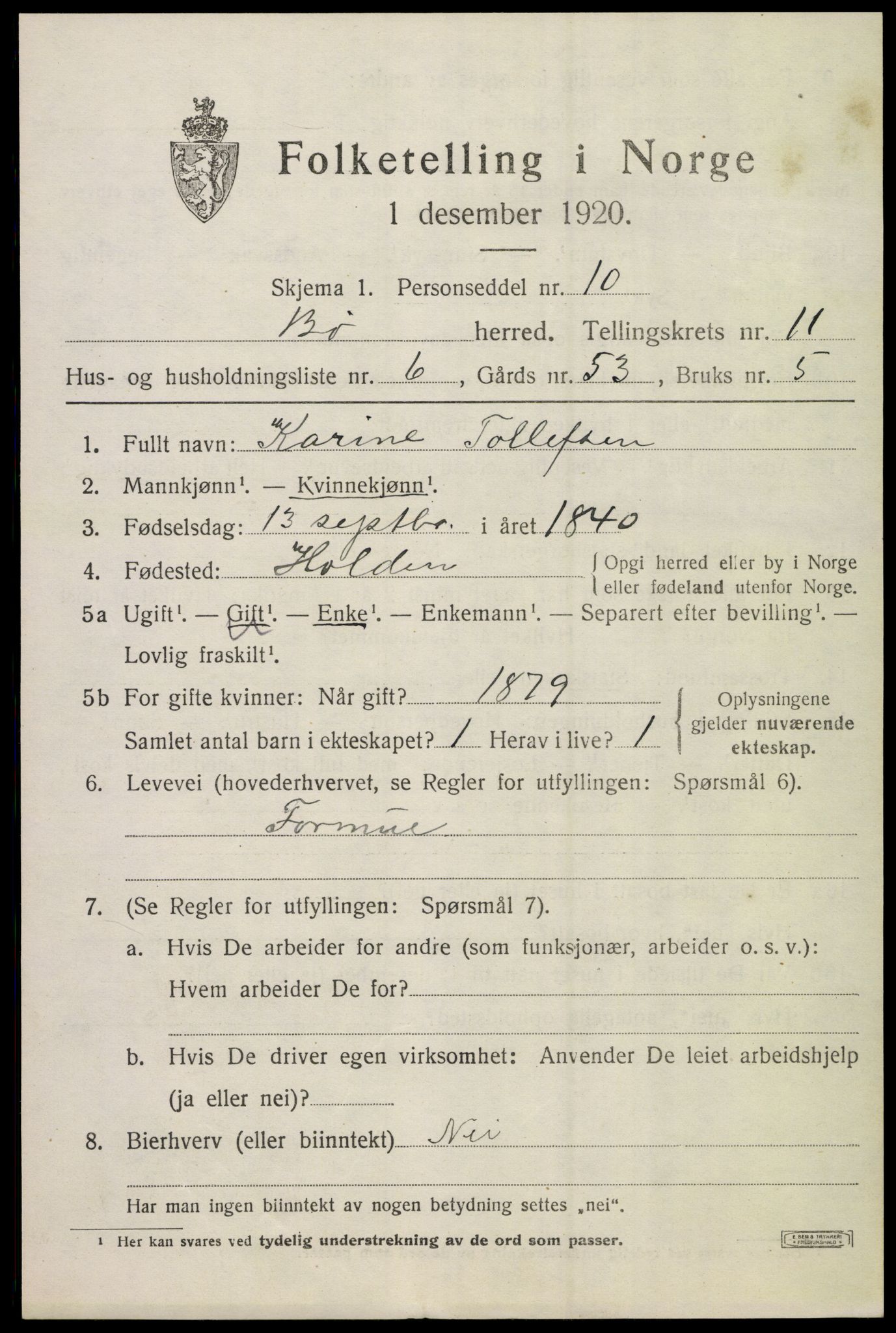 SAKO, 1920 census for Bø (Telemark), 1920, p. 6746