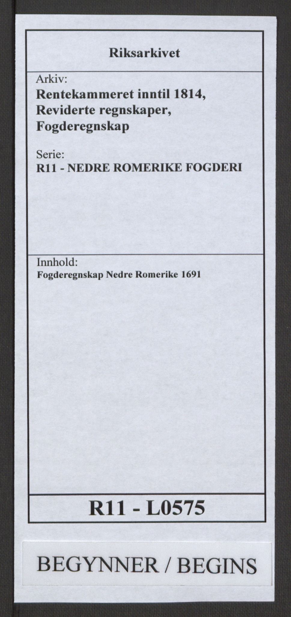 Rentekammeret inntil 1814, Reviderte regnskaper, Fogderegnskap, RA/EA-4092/R11/L0575: Fogderegnskap Nedre Romerike, 1691, p. 1