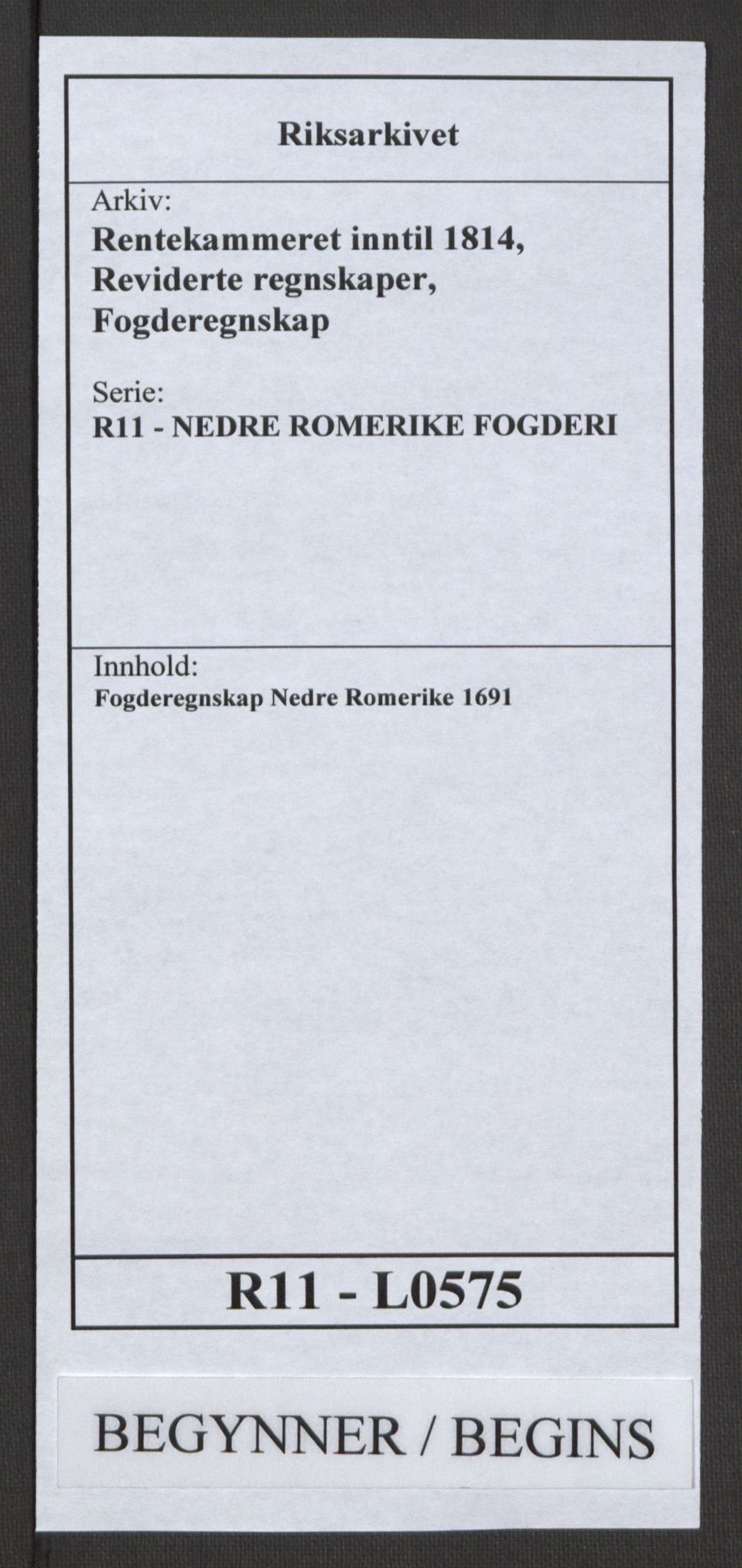 Rentekammeret inntil 1814, Reviderte regnskaper, Fogderegnskap, AV/RA-EA-4092/R11/L0575: Fogderegnskap Nedre Romerike, 1691, p. 1