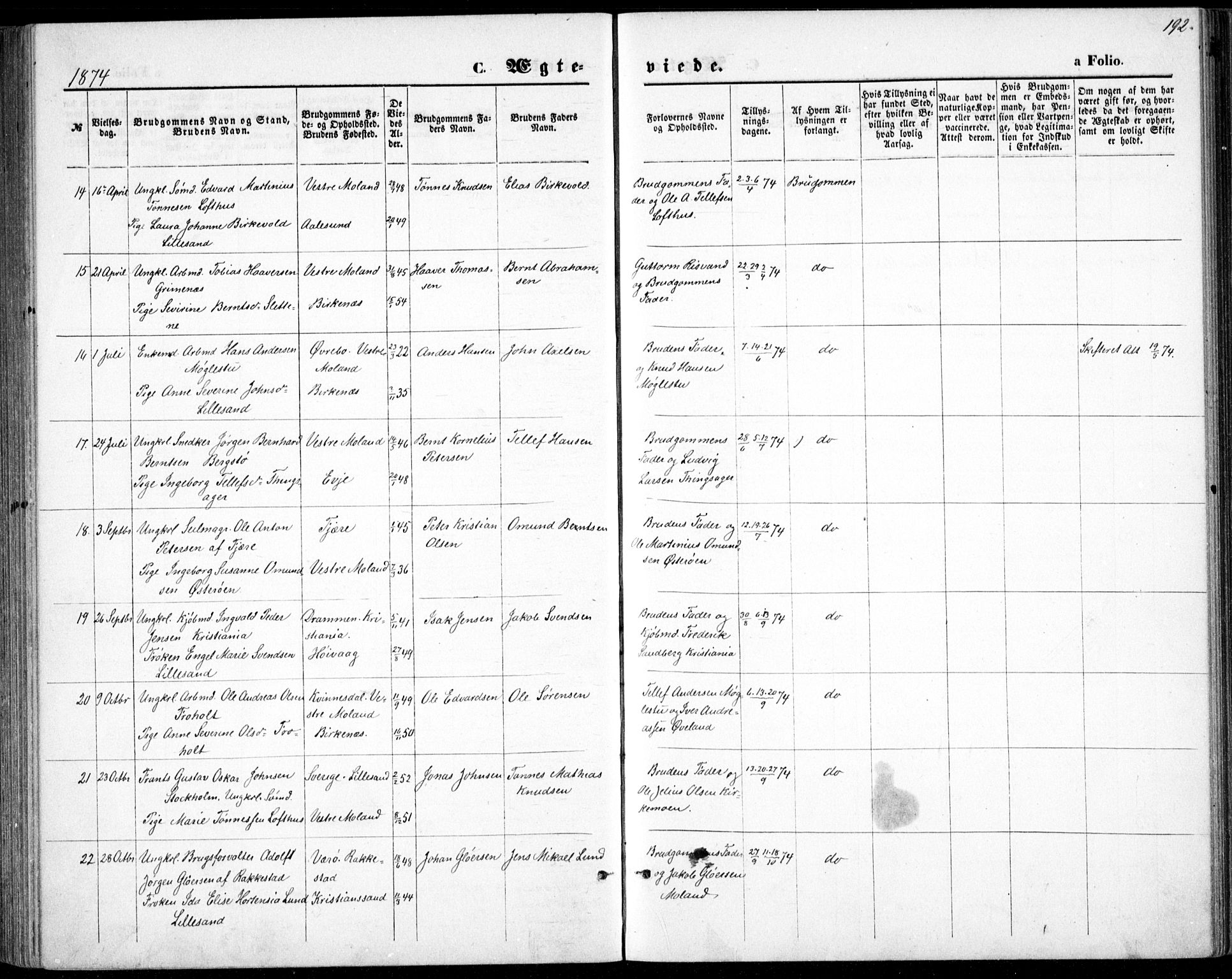 Vestre Moland sokneprestkontor, AV/SAK-1111-0046/F/Fb/Fbb/L0005: Parish register (copy) no. B 5, 1872-1883, p. 192