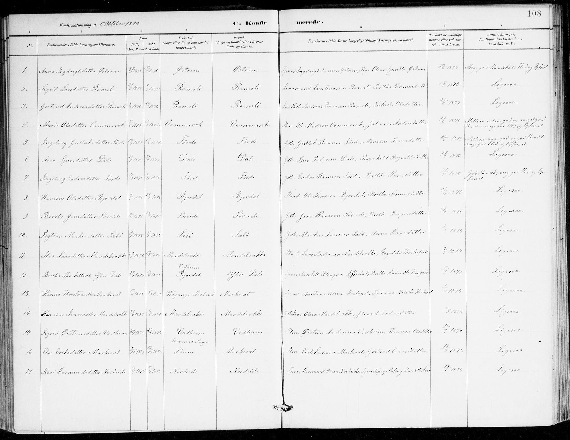 Lavik sokneprestembete, SAB/A-80901: Parish register (official) no. C 1, 1882-1904, p. 108