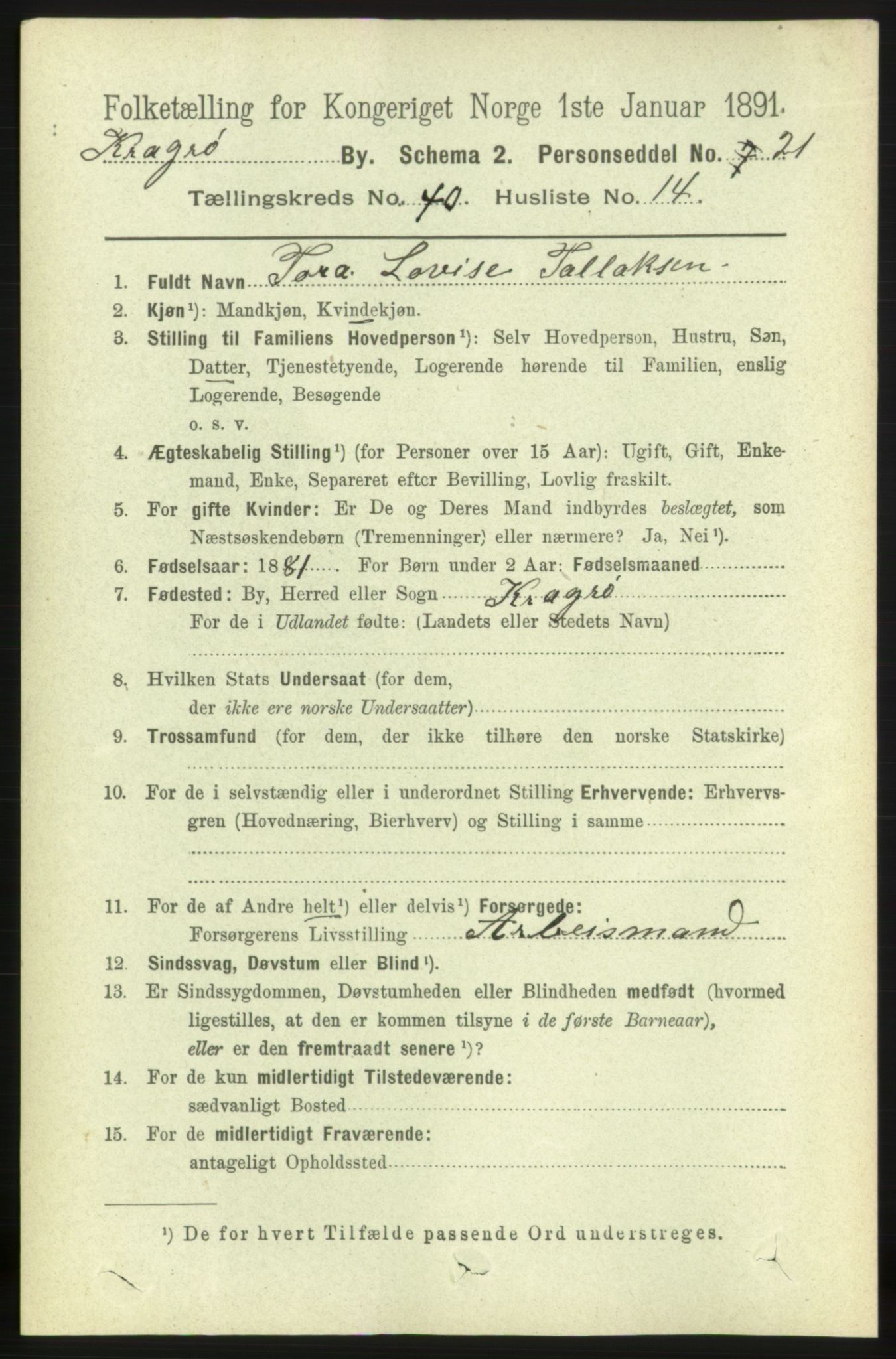 RA, 1891 census for 0801 Kragerø, 1891, p. 7502