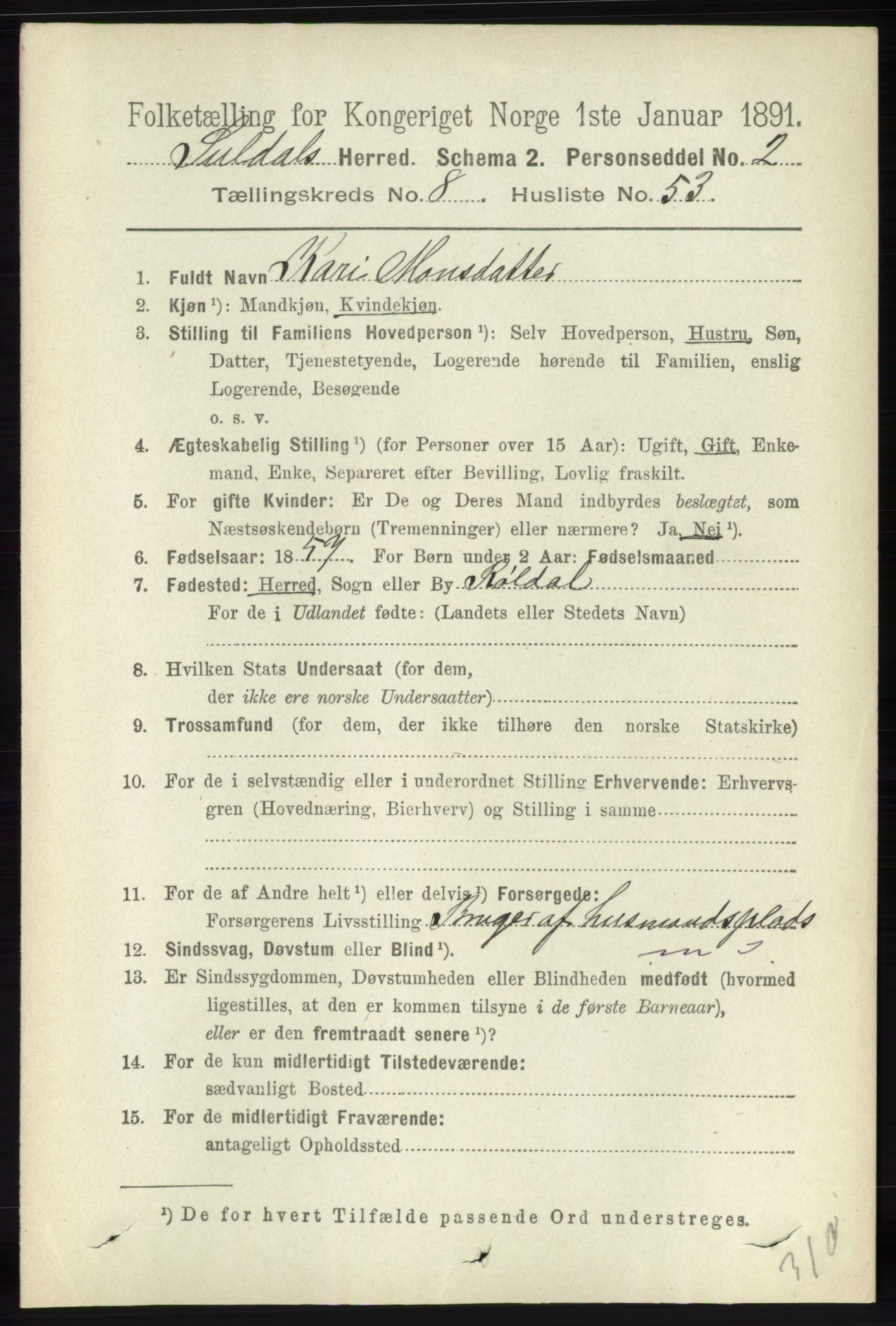 RA, 1891 census for 1134 Suldal, 1891, p. 2613