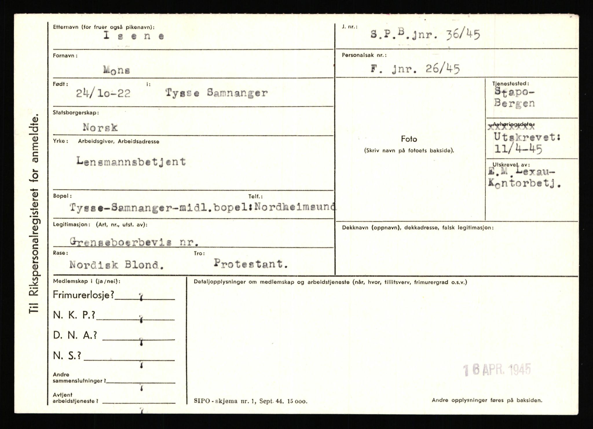 Statspolitiet - Hovedkontoret / Osloavdelingen, AV/RA-S-1329/C/Ca/L0007: Hol - Joelsen, 1943-1945, p. 2603