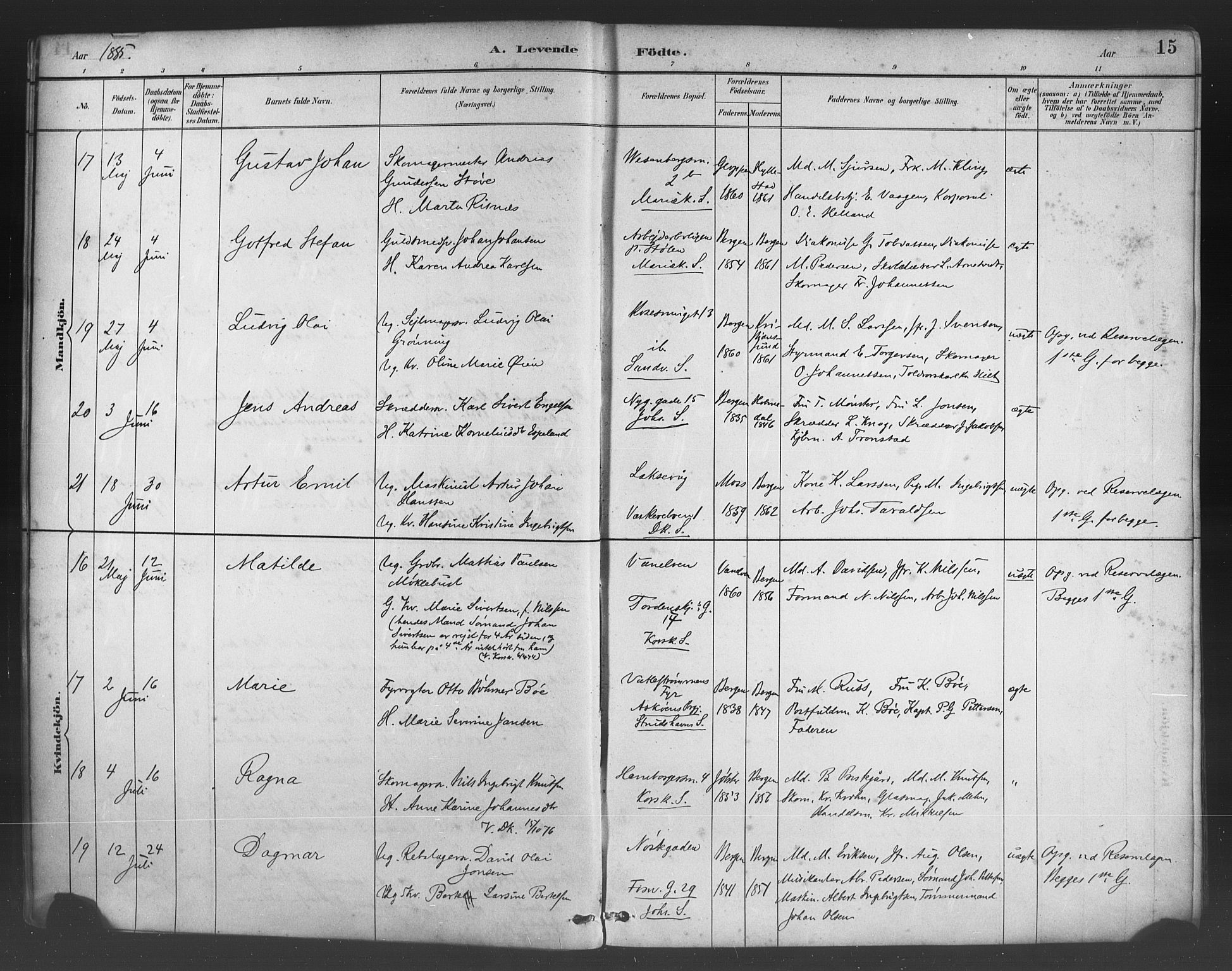 Fødselsstiftelsens sokneprestembete*, SAB/-: Parish register (official) no. A 2, 1884-1900, p. 15
