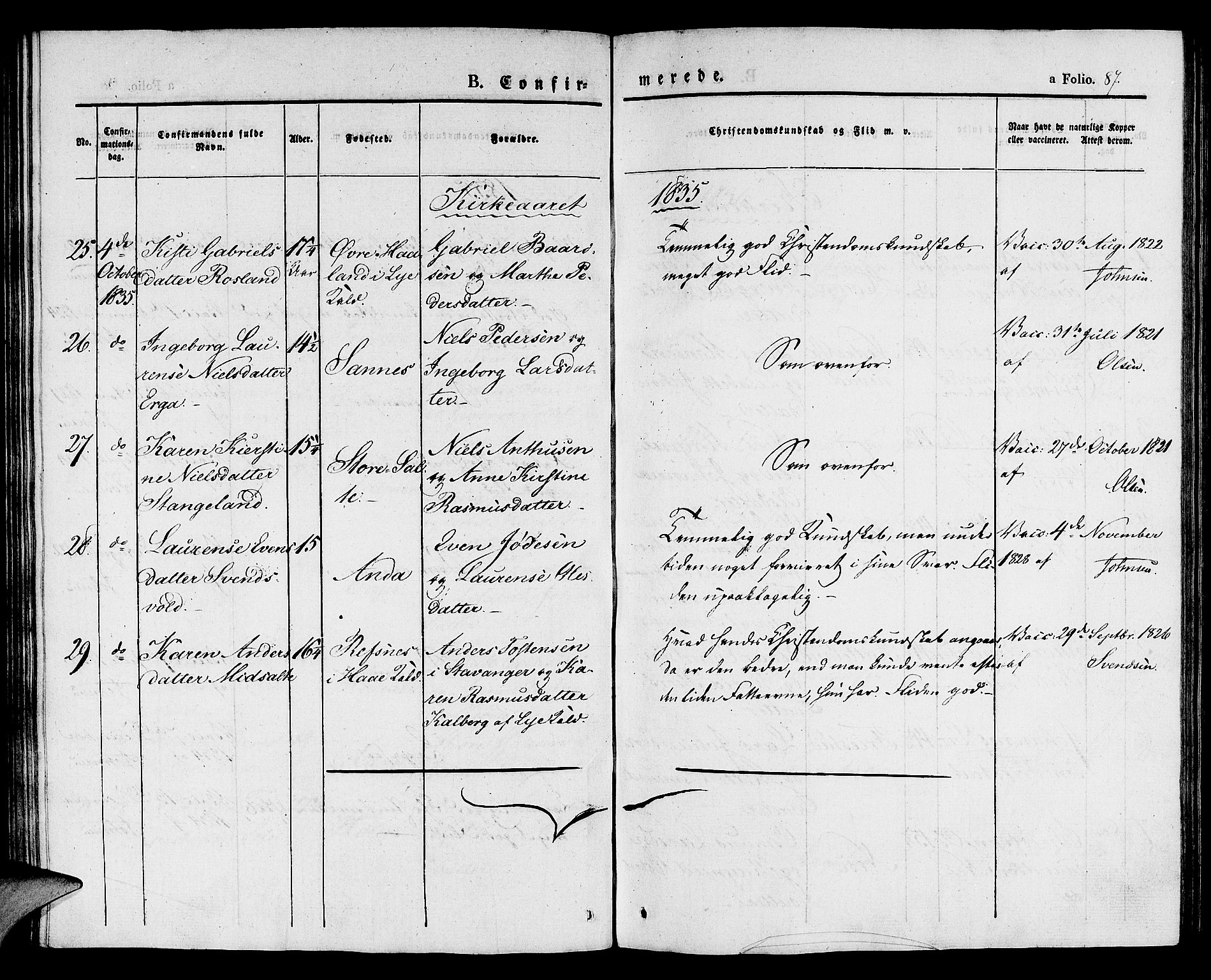 Klepp sokneprestkontor, SAST/A-101803/001/3/30BA/L0003: Parish register (official) no. A 3, 1833-1842, p. 87