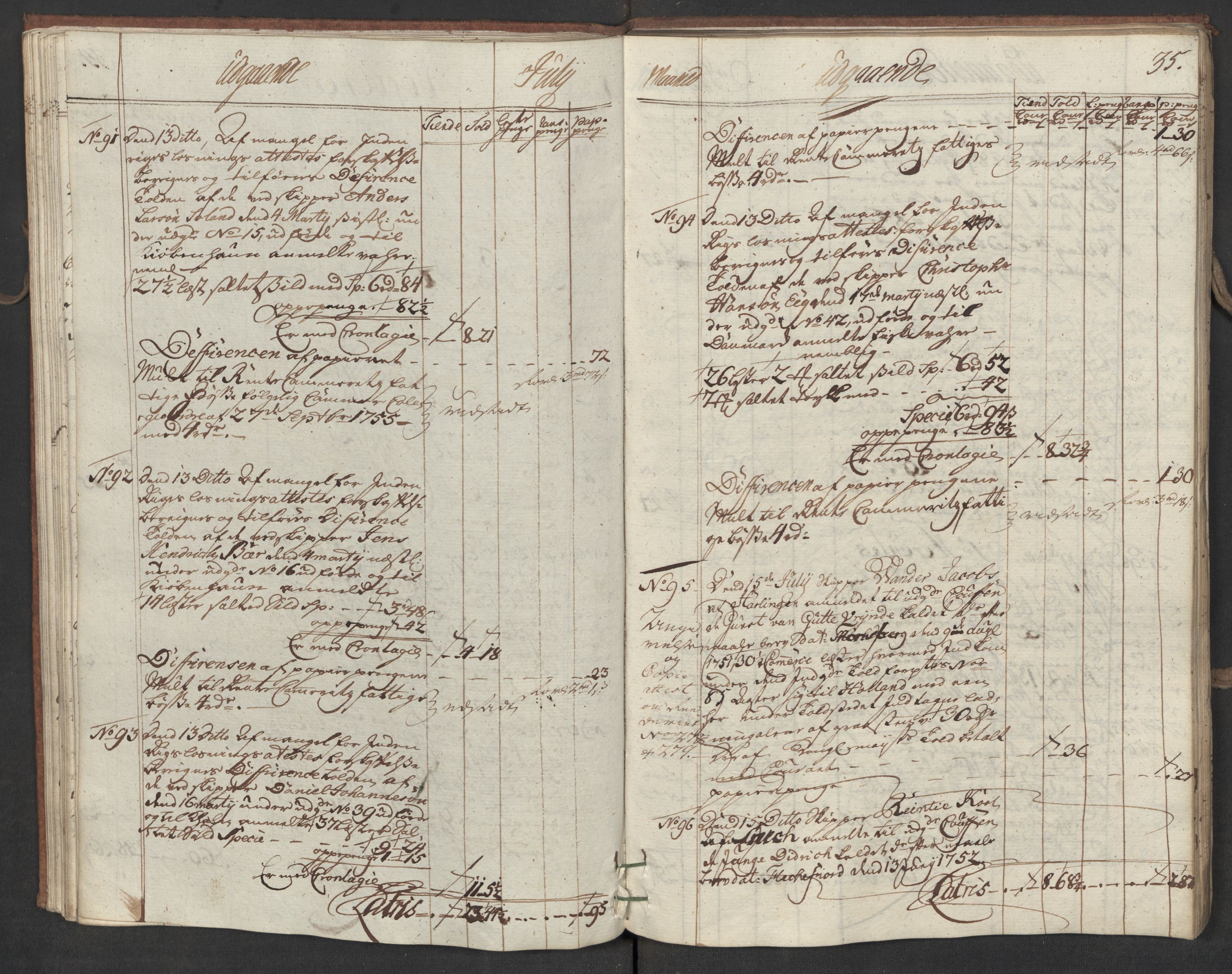 Generaltollkammeret, tollregnskaper, AV/RA-EA-5490/R19/L0015/0005: Tollregnskaper Flekkefjord / Utgående hovedtollbok, 1756, p. 34b-35a