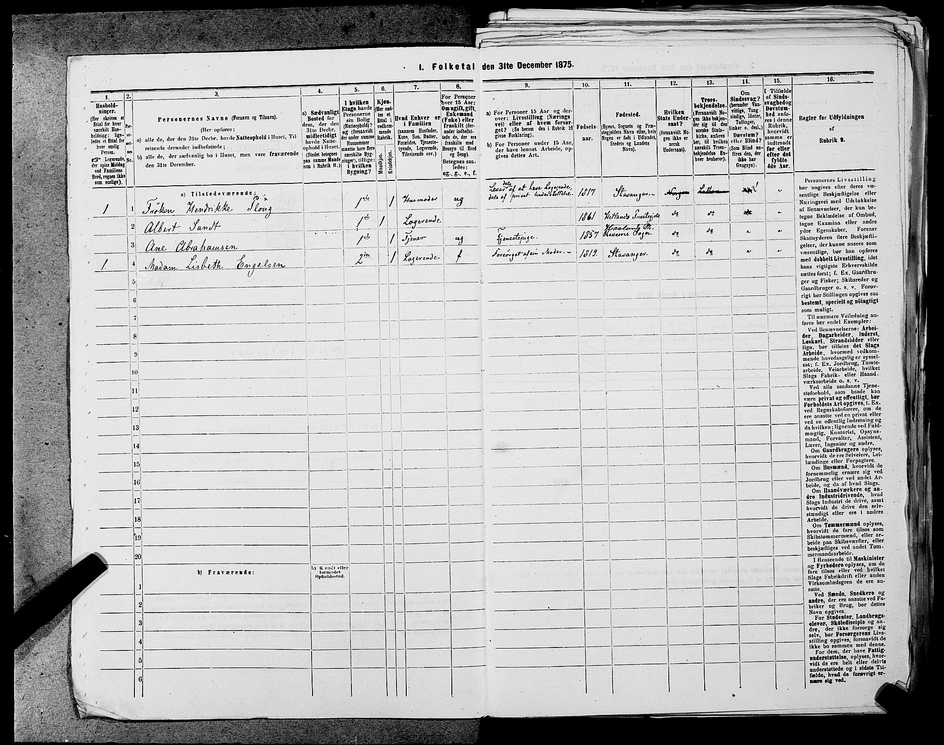 SAST, 1875 census for 1103 Stavanger, 1875, p. 427