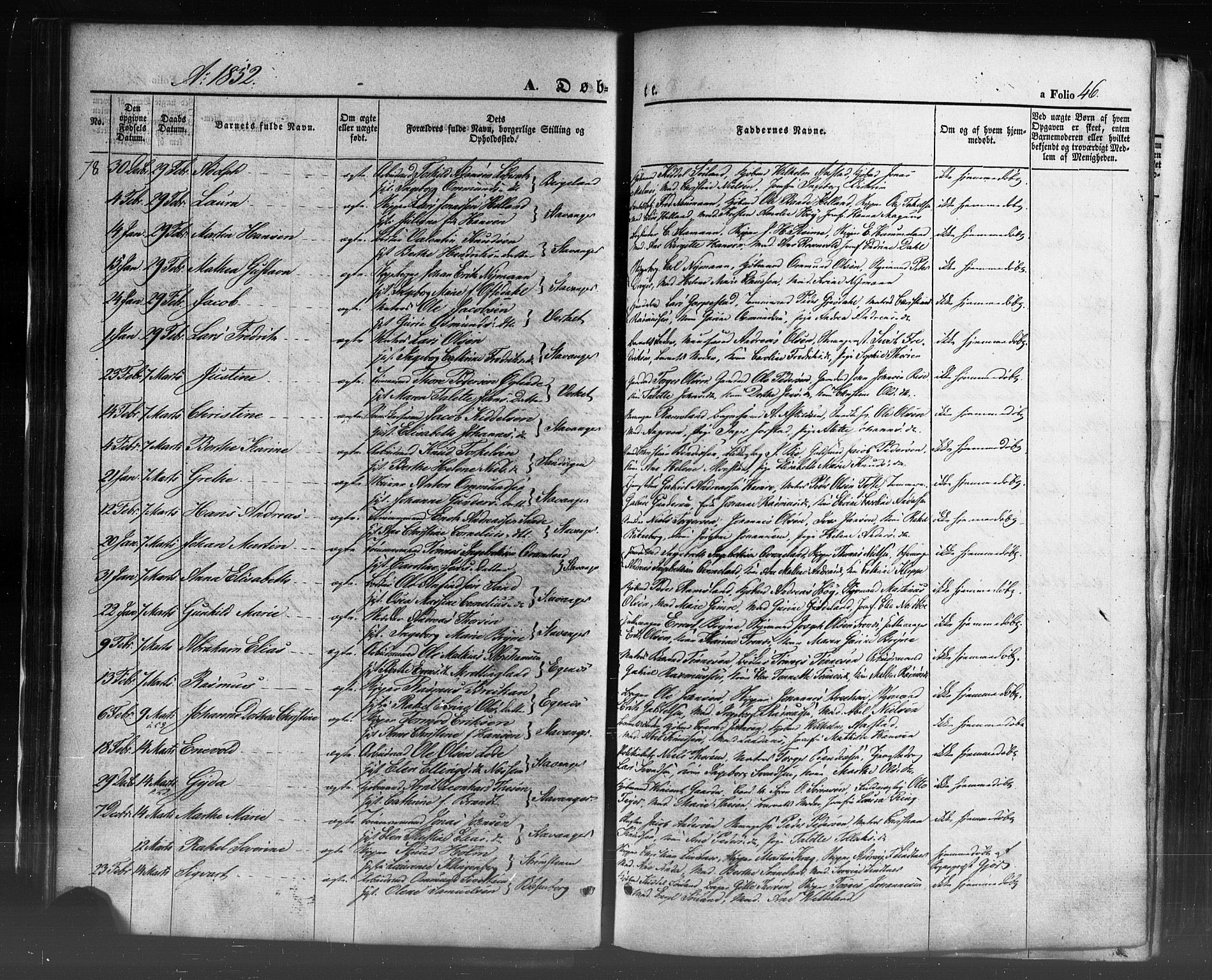 Domkirken sokneprestkontor, SAST/A-101812/001/30/30BB/L0009: Parish register (copy) no. B 9, 1850-1858, p. 46