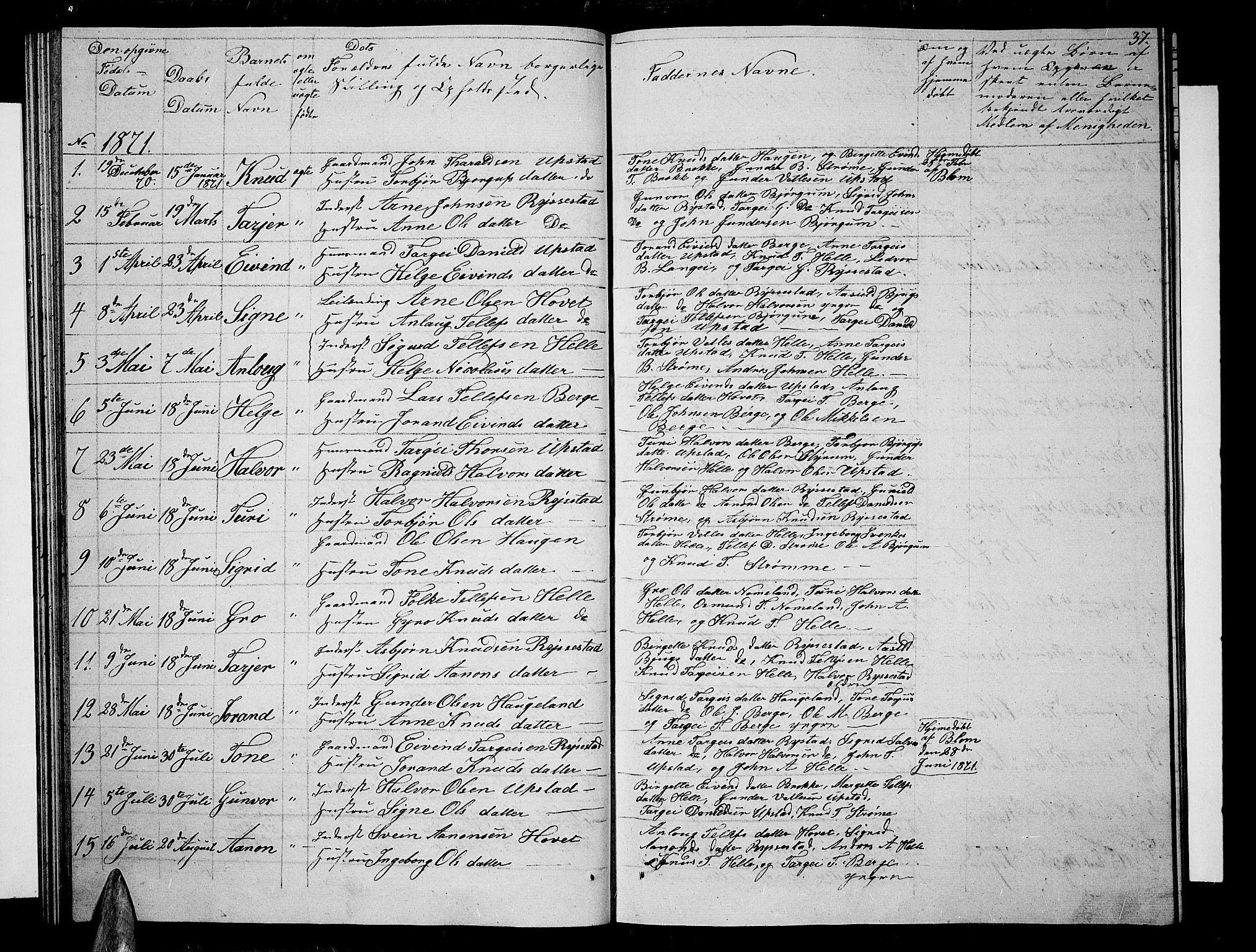 Valle sokneprestkontor, AV/SAK-1111-0044/F/Fb/Fbb/L0001: Parish register (copy) no. B 1, 1848-1875, p. 37