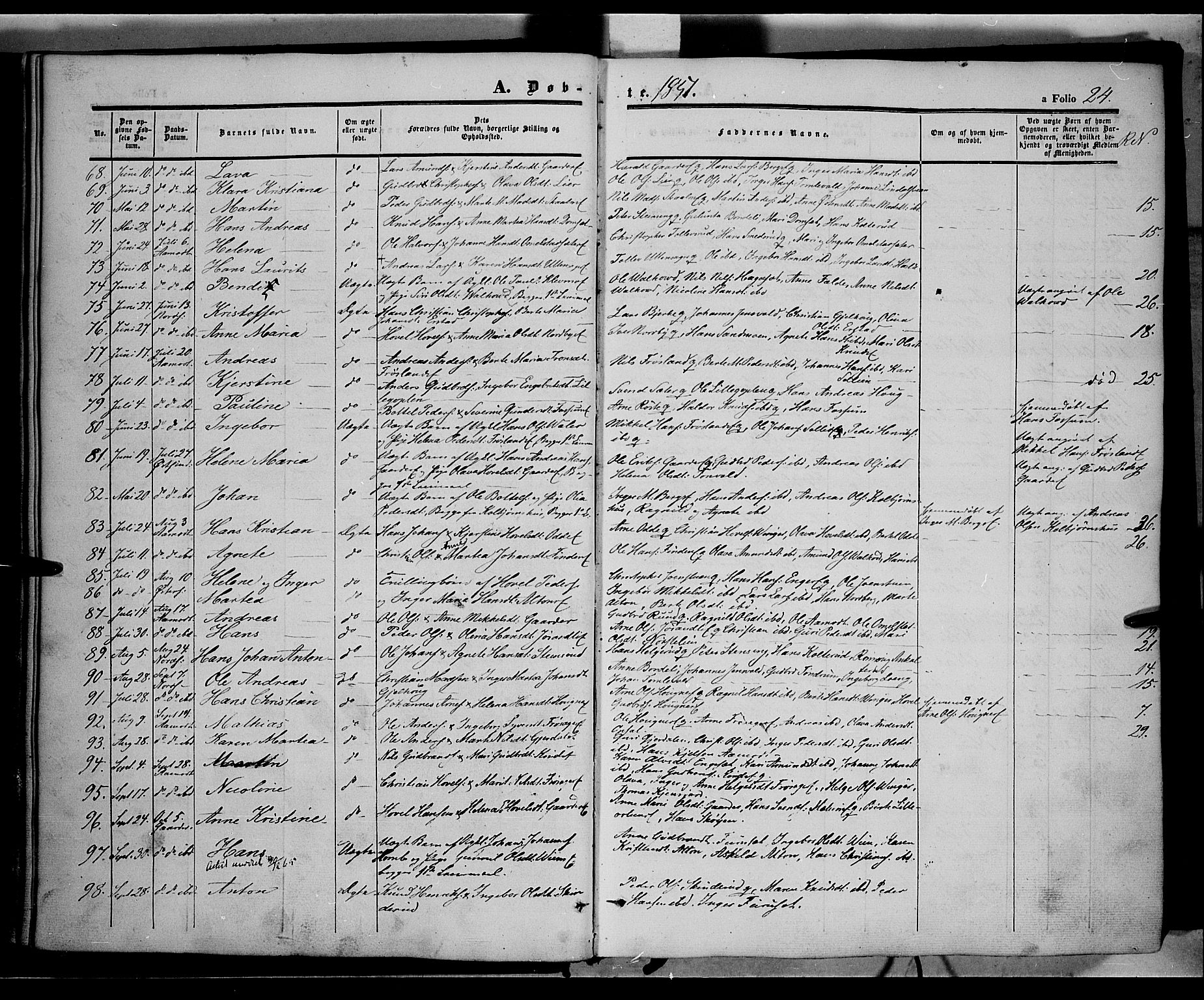 Land prestekontor, SAH/PREST-120/H/Ha/Haa/L0010: Parish register (official) no. 10, 1847-1859, p. 24