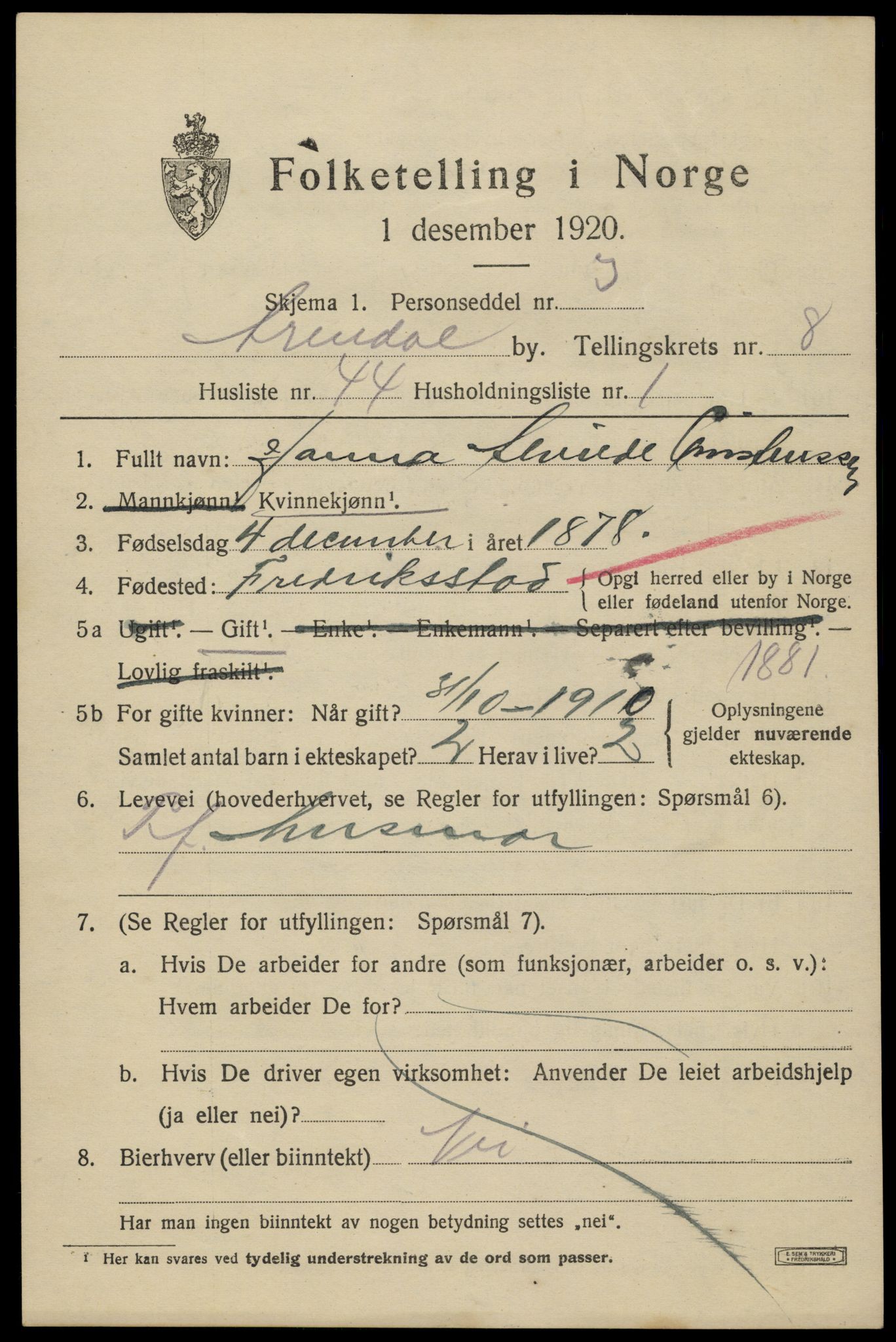 SAK, 1920 census for Arendal, 1920, p. 16048