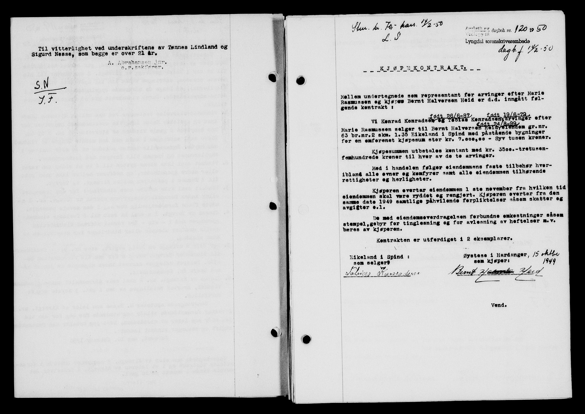 Lyngdal sorenskriveri, AV/SAK-1221-0004/G/Gb/L0665: Mortgage book no. A XI, 1950-1950, Diary no: : 120/1950