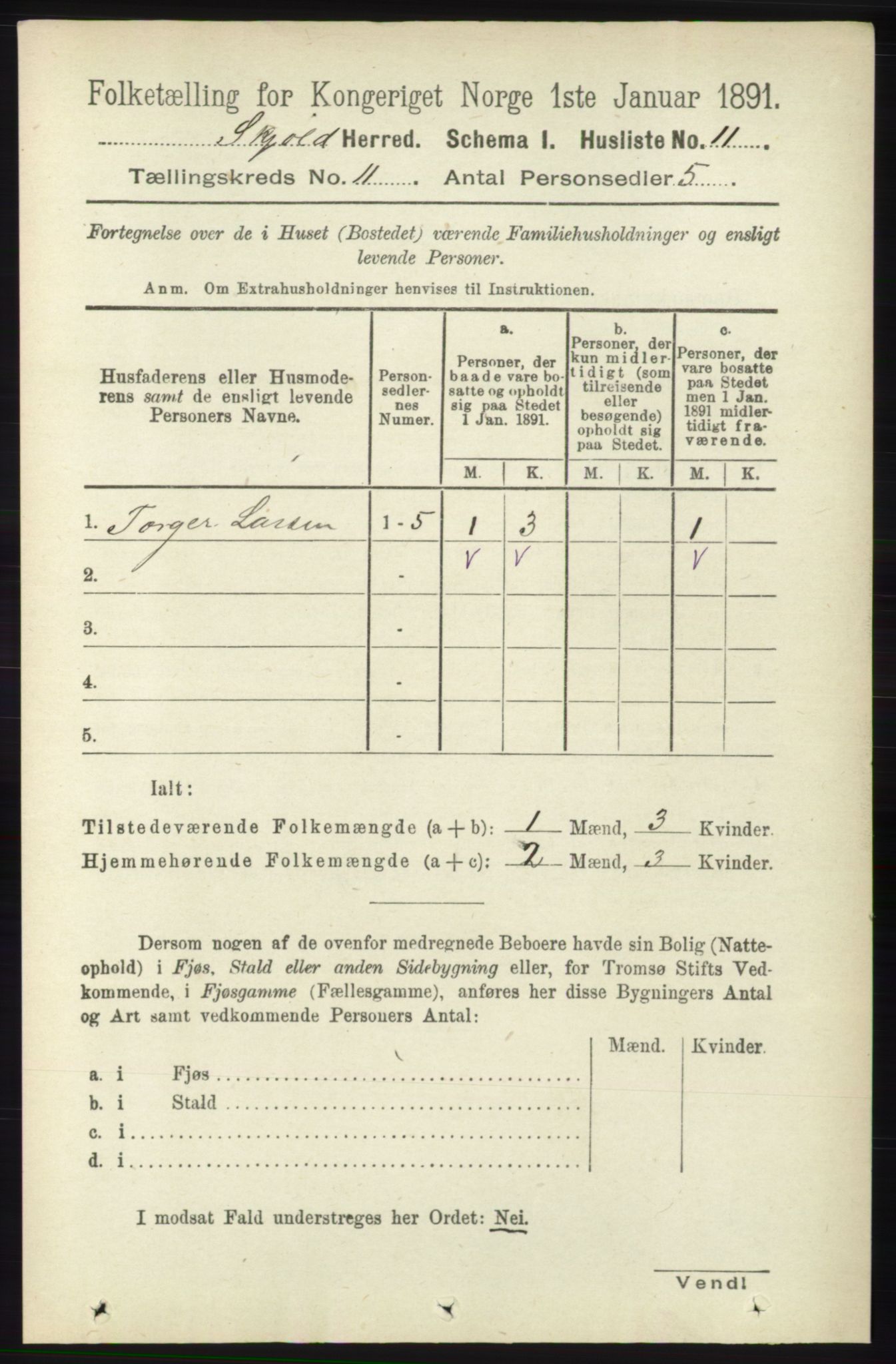 RA, 1891 census for 1154 Skjold, 1891, p. 2046