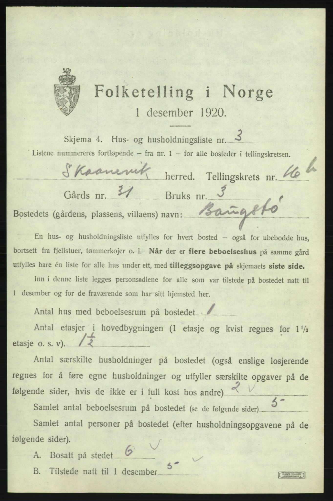 SAB, 1920 census for Skånevik, 1920, p. 1625