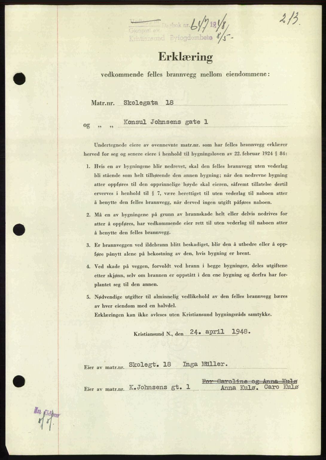 Kristiansund byfogd, AV/SAT-A-4587/A/27: Mortgage book no. 44, 1947-1948, Diary no: : 647/1948