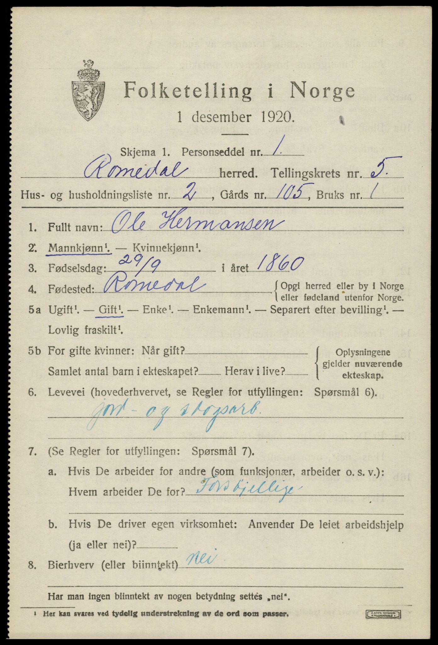 SAH, 1920 census for Romedal, 1920, p. 6947