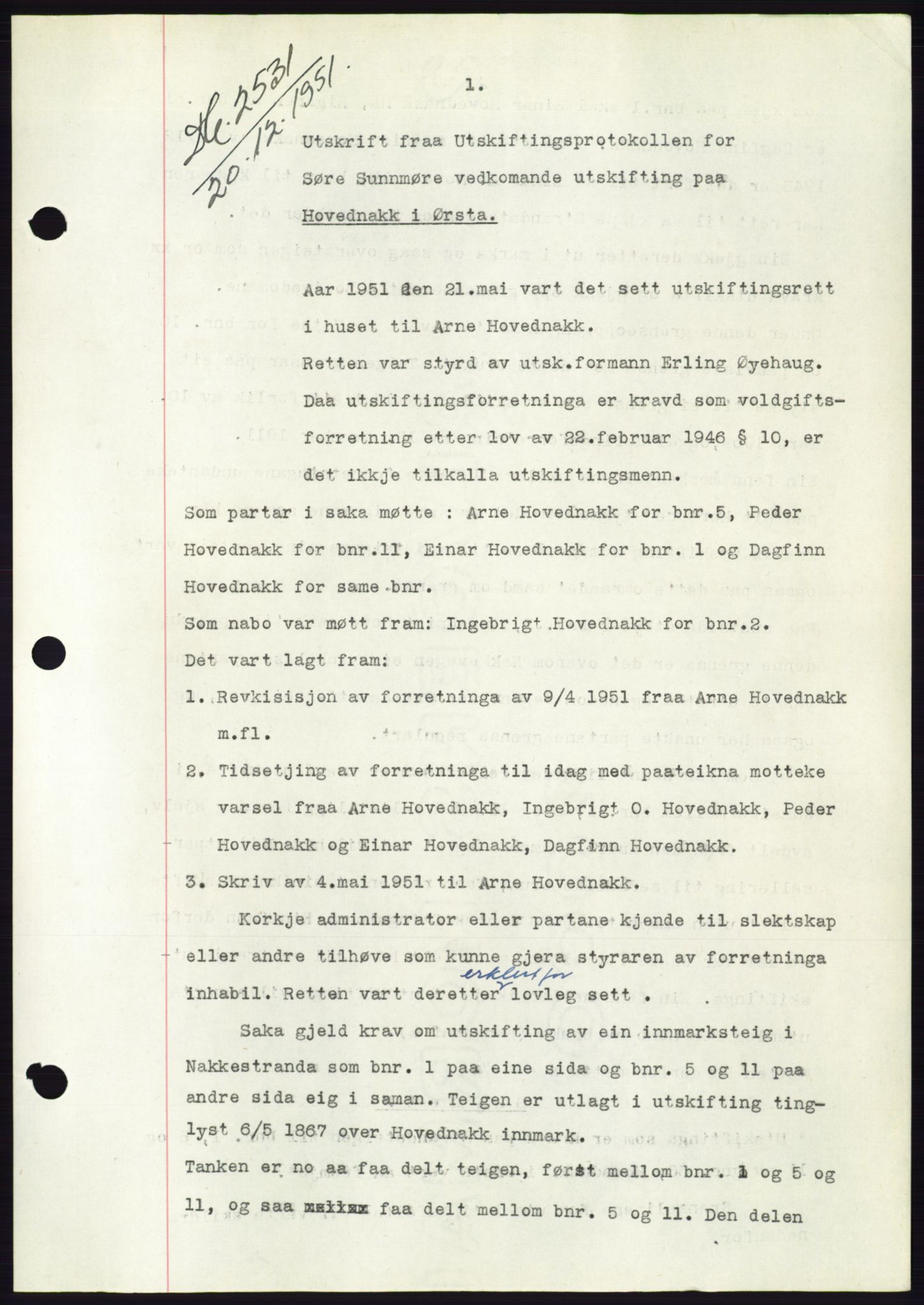 Søre Sunnmøre sorenskriveri, AV/SAT-A-4122/1/2/2C/L0090: Mortgage book no. 16A, 1951-1951, Diary no: : 2531/1951