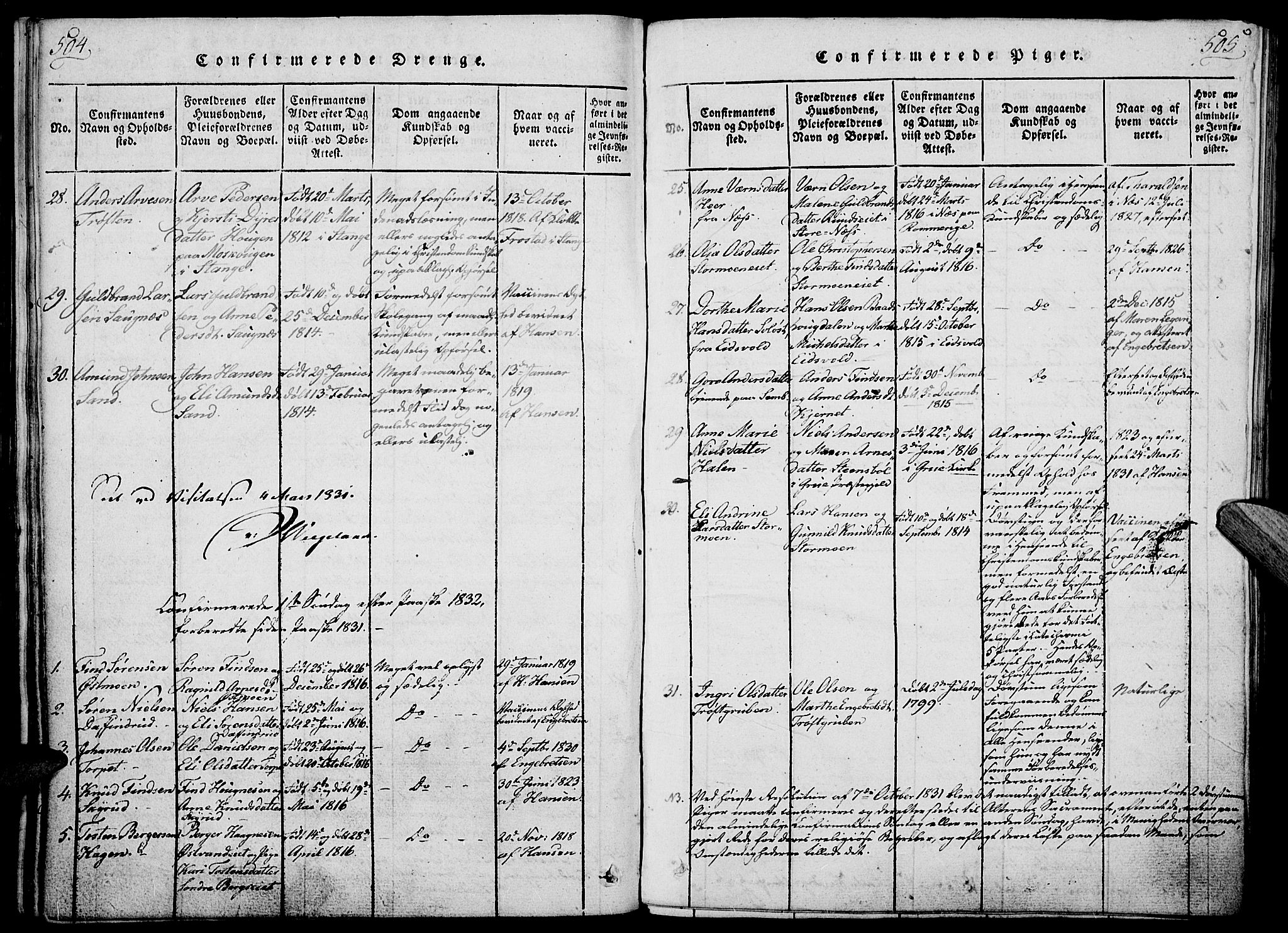 Nord-Odal prestekontor, AV/SAH-PREST-032/H/Ha/Haa/L0001: Parish register (official) no. 1, 1819-1838, p. 504-505