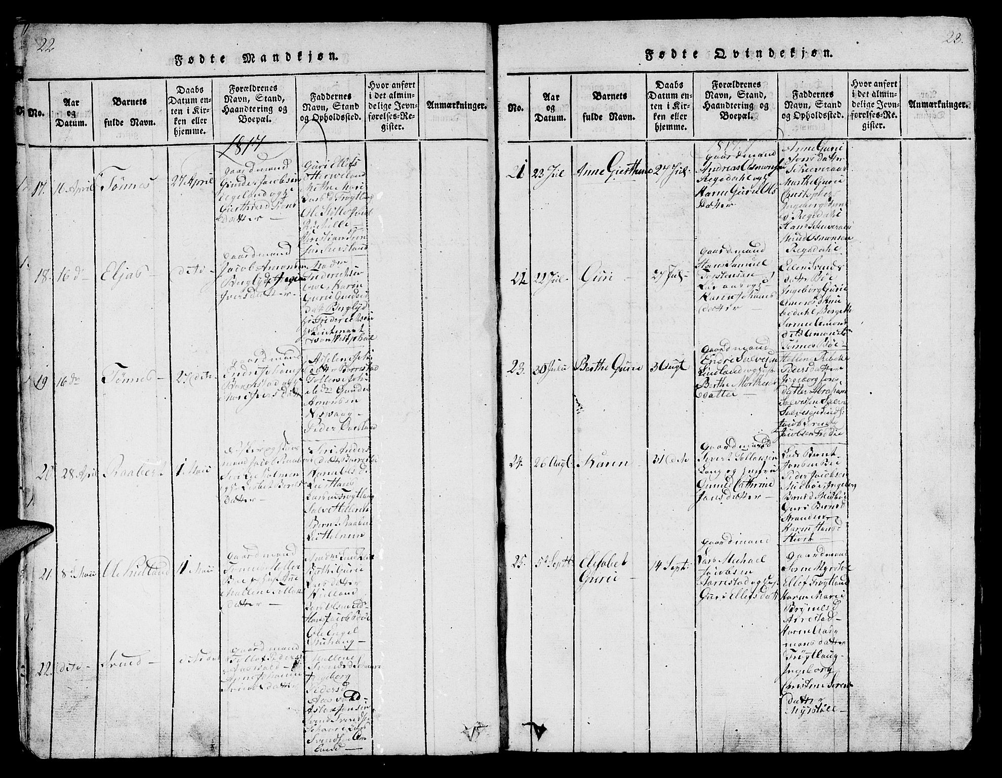 Sokndal sokneprestkontor, SAST/A-101808: Parish register (copy) no. B 1, 1815-1848, p. 22-23