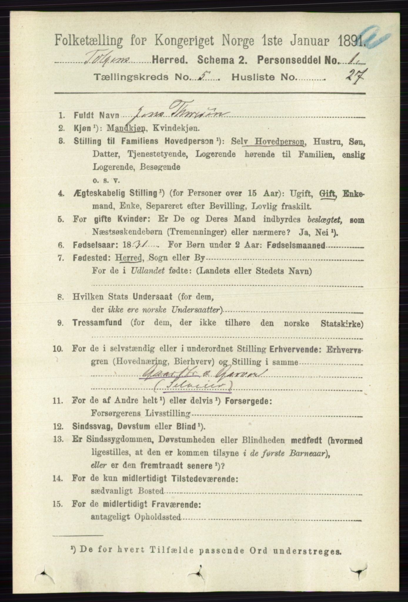 RA, 1891 census for 0436 Tolga, 1891, p. 1462