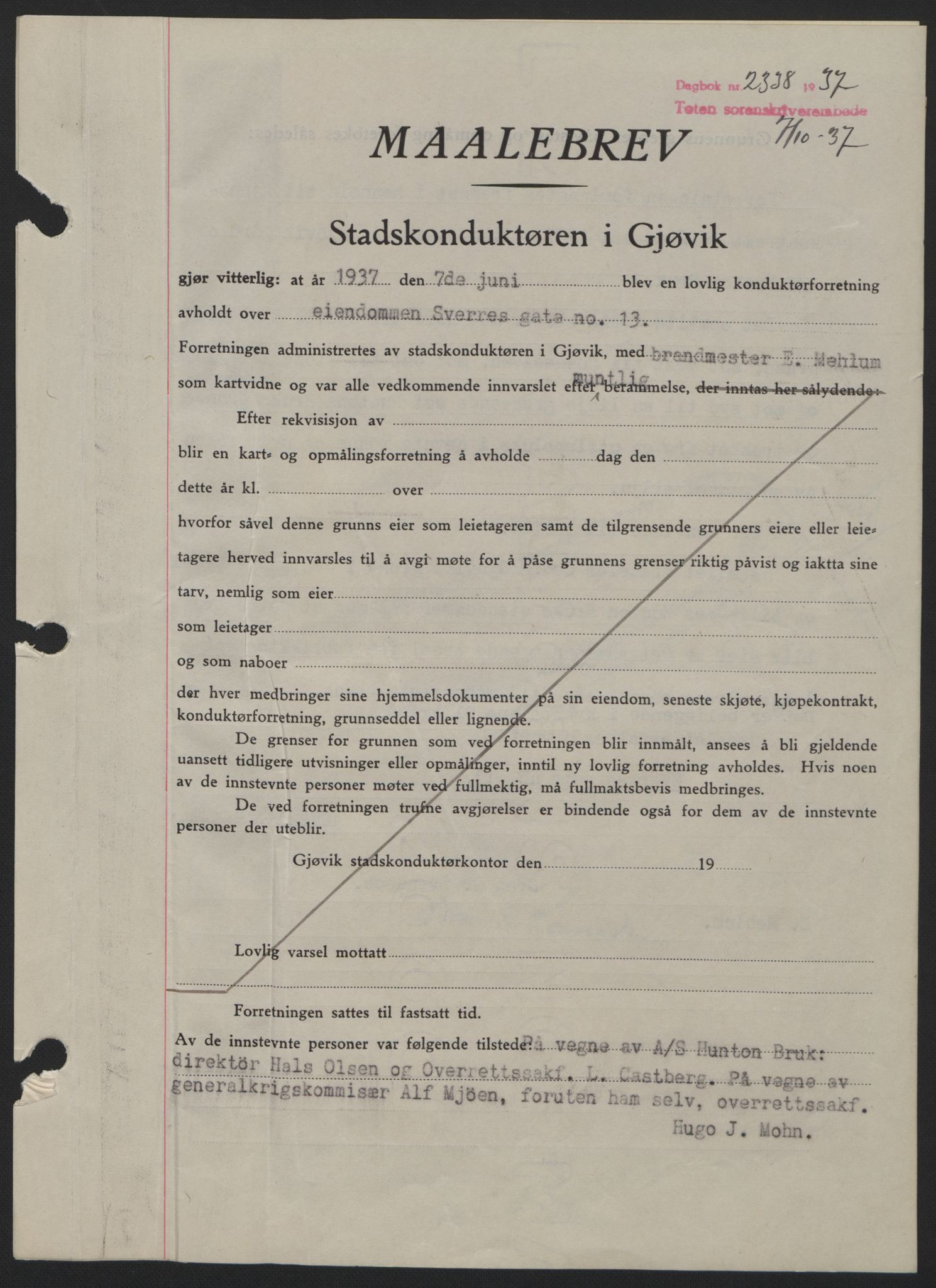 Toten tingrett, SAH/TING-006/H/Hb/Hbc/L0003: Mortgage book no. Hbc-03, 1937-1938, Diary no: : 2338/1937