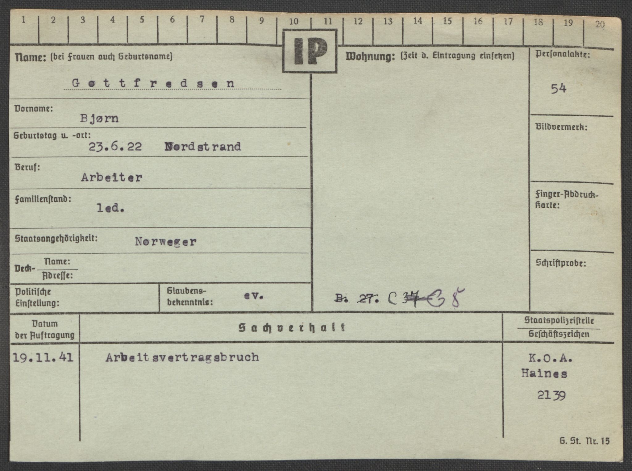 Befehlshaber der Sicherheitspolizei und des SD, AV/RA-RAFA-5969/E/Ea/Eaa/L0003: Register over norske fanger i Møllergata 19: Eng-Hag, 1940-1945, p. 907