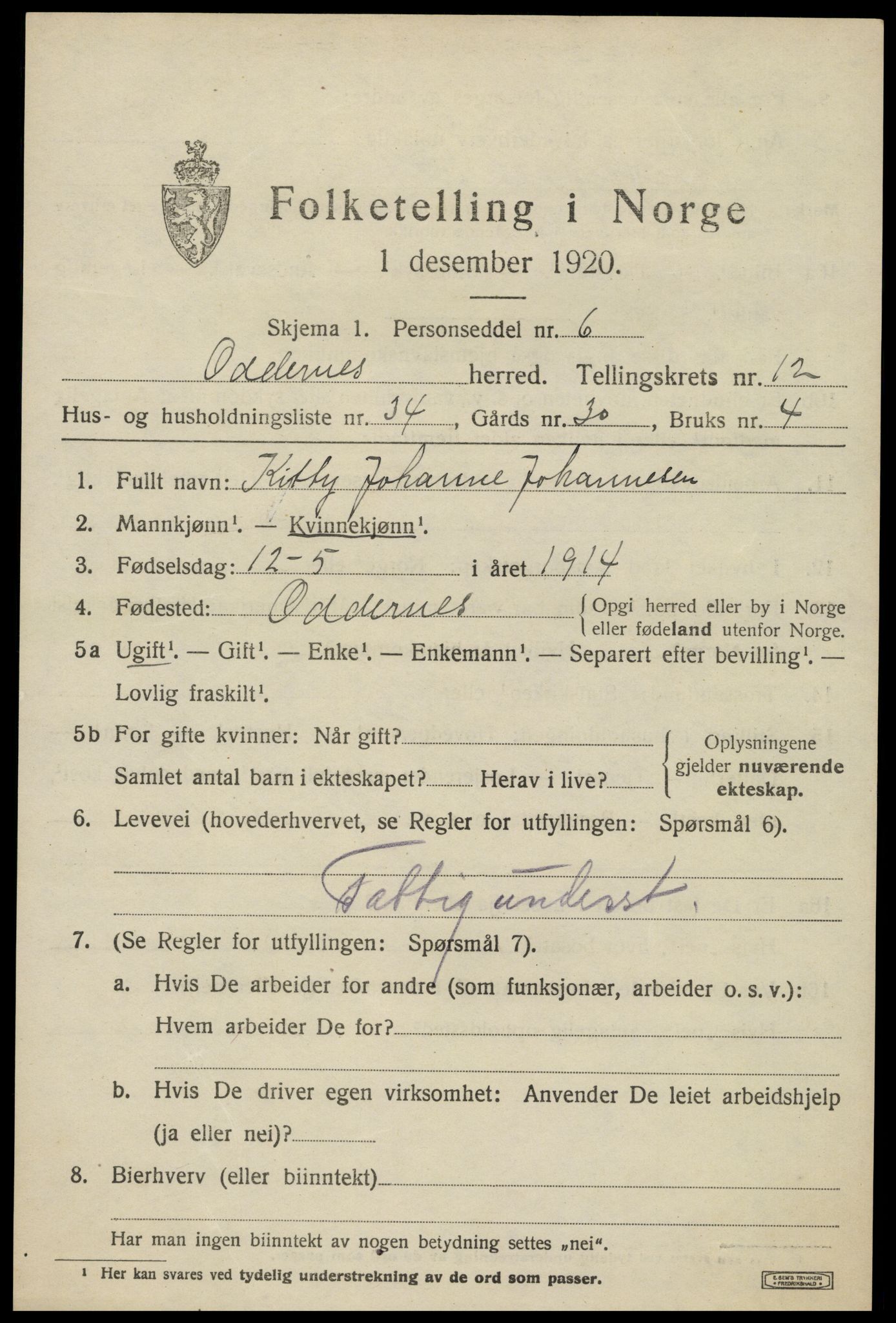 SAK, 1920 census for Oddernes, 1920, p. 7979