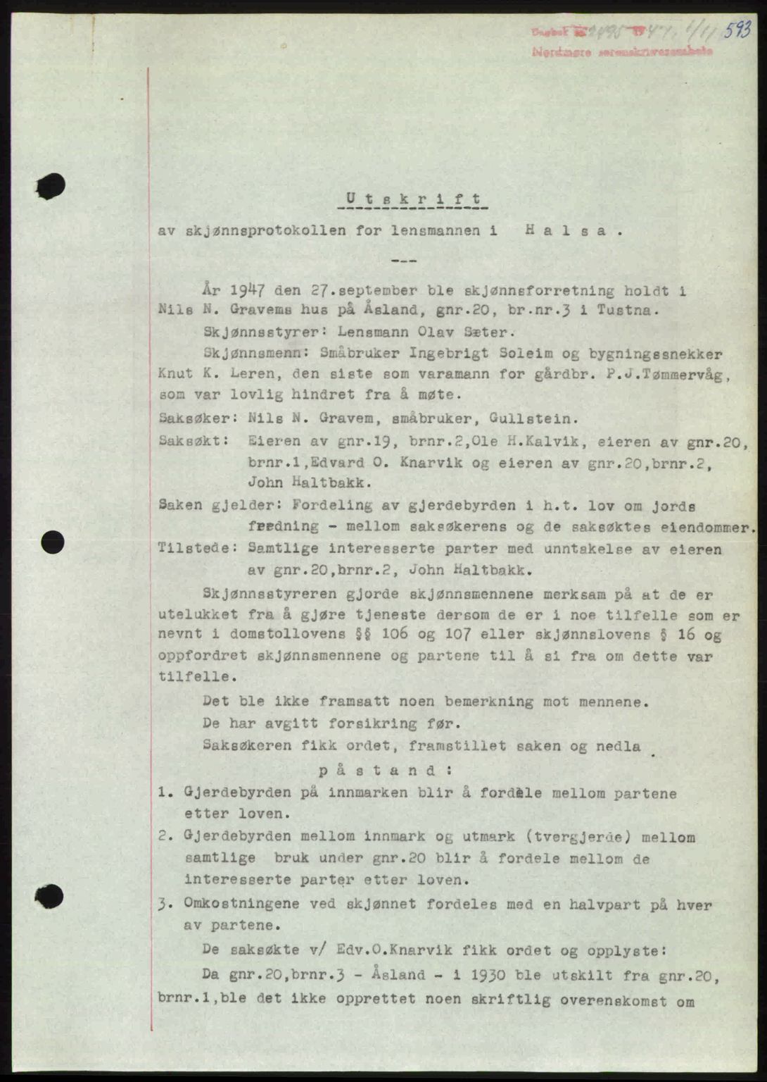 Nordmøre sorenskriveri, AV/SAT-A-4132/1/2/2Ca: Mortgage book no. A106, 1947-1947, Diary no: : 2495/1947